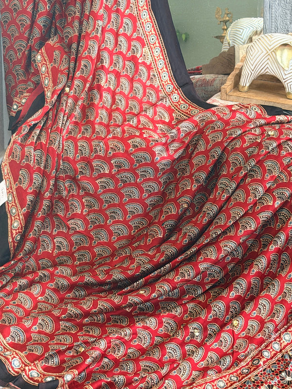Modal Ajrak mirror and sequin work saree