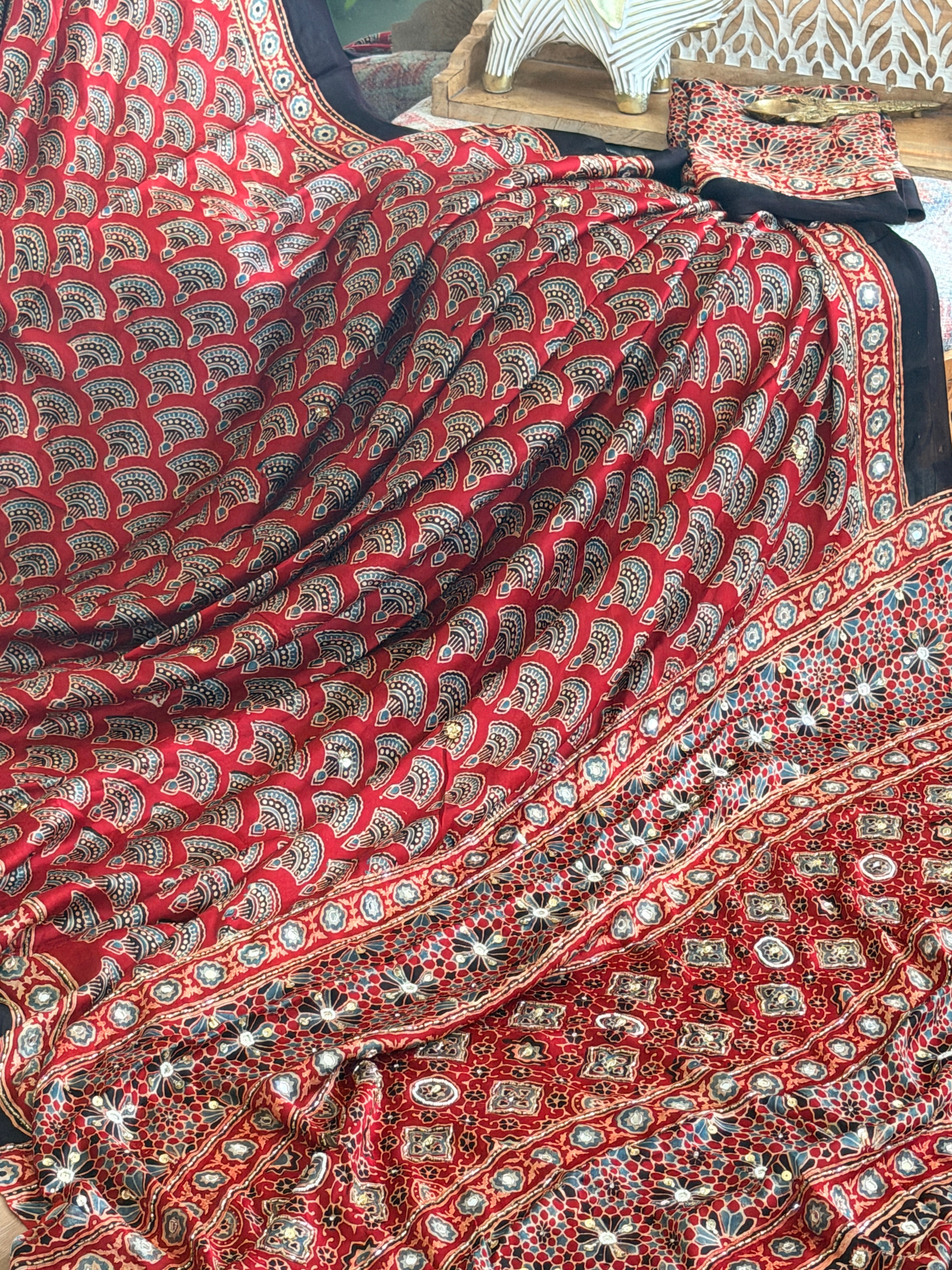 Modal Ajrak mirror and sequin work saree