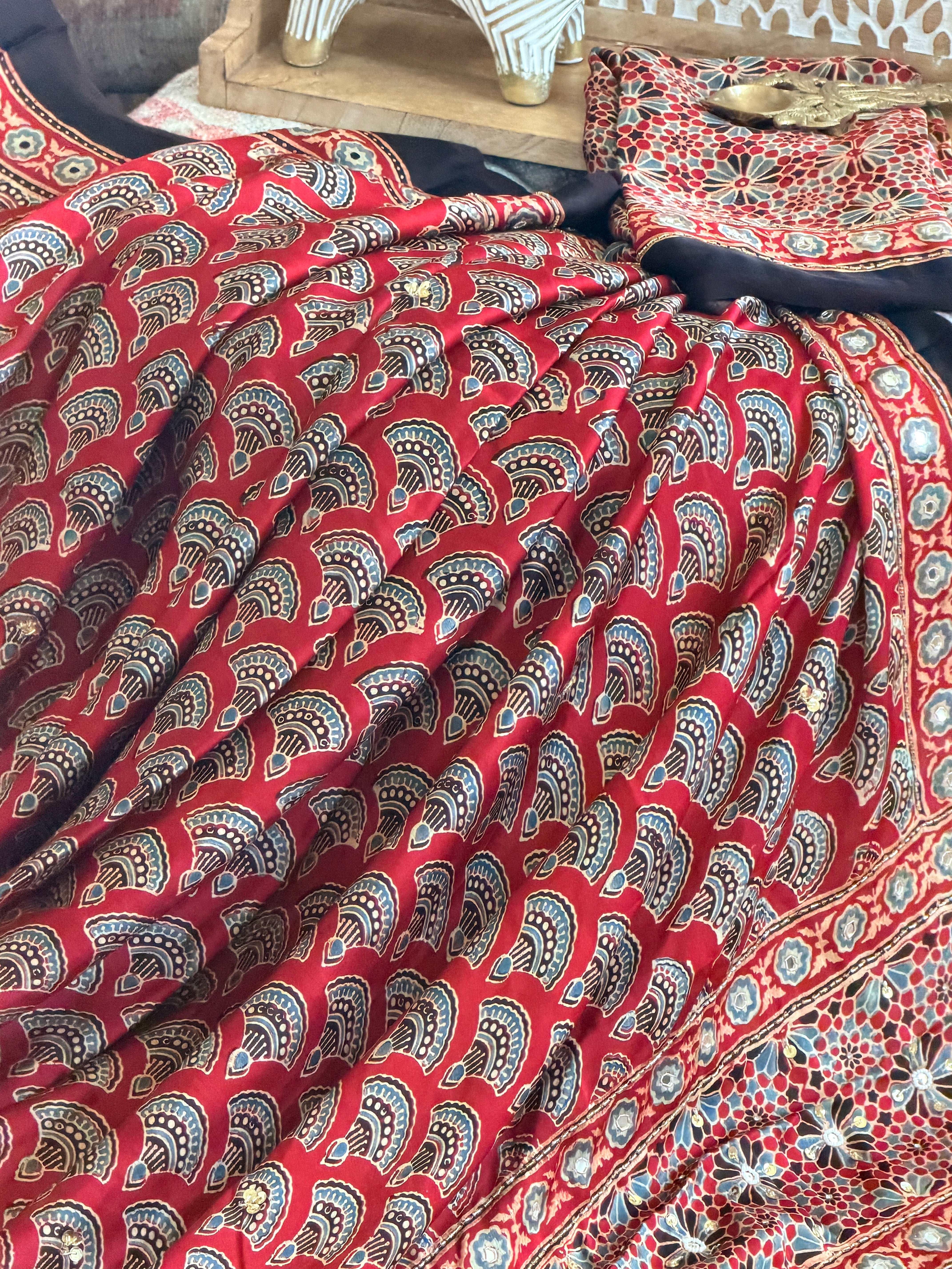 Modal Ajrak mirror and sequin work saree