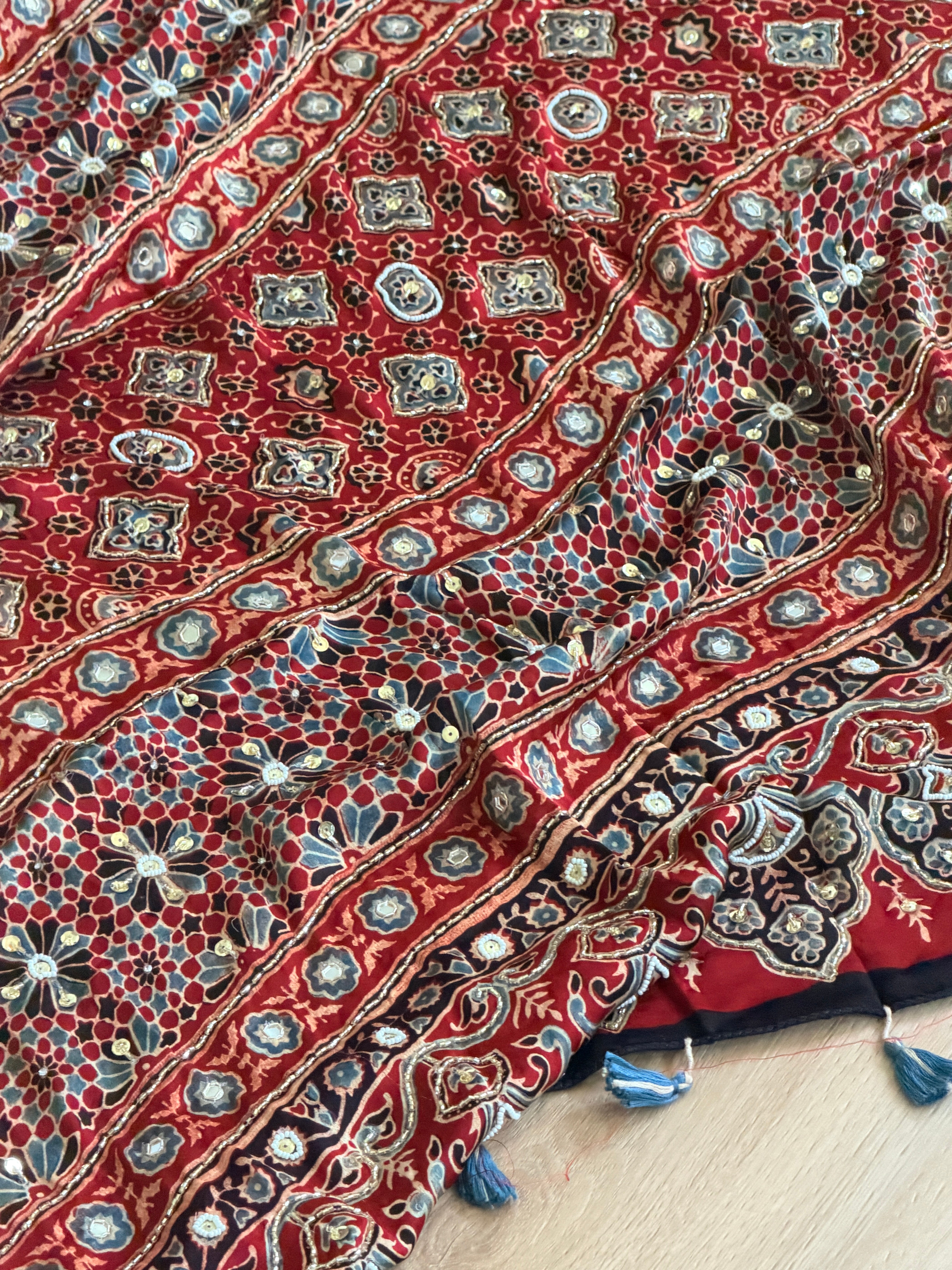 Modal Ajrak mirror and sequin work saree