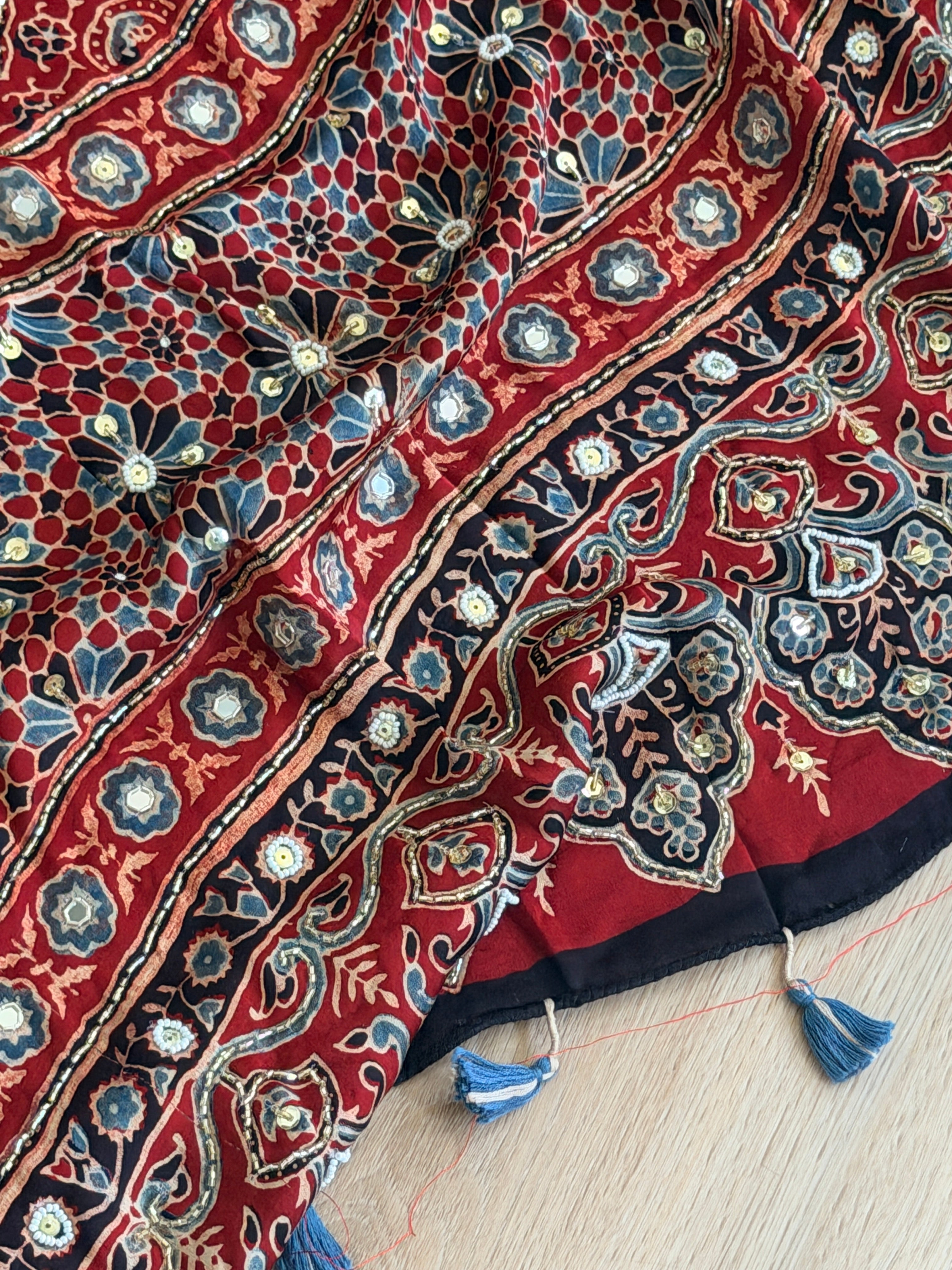 Modal Ajrak mirror and sequin work saree