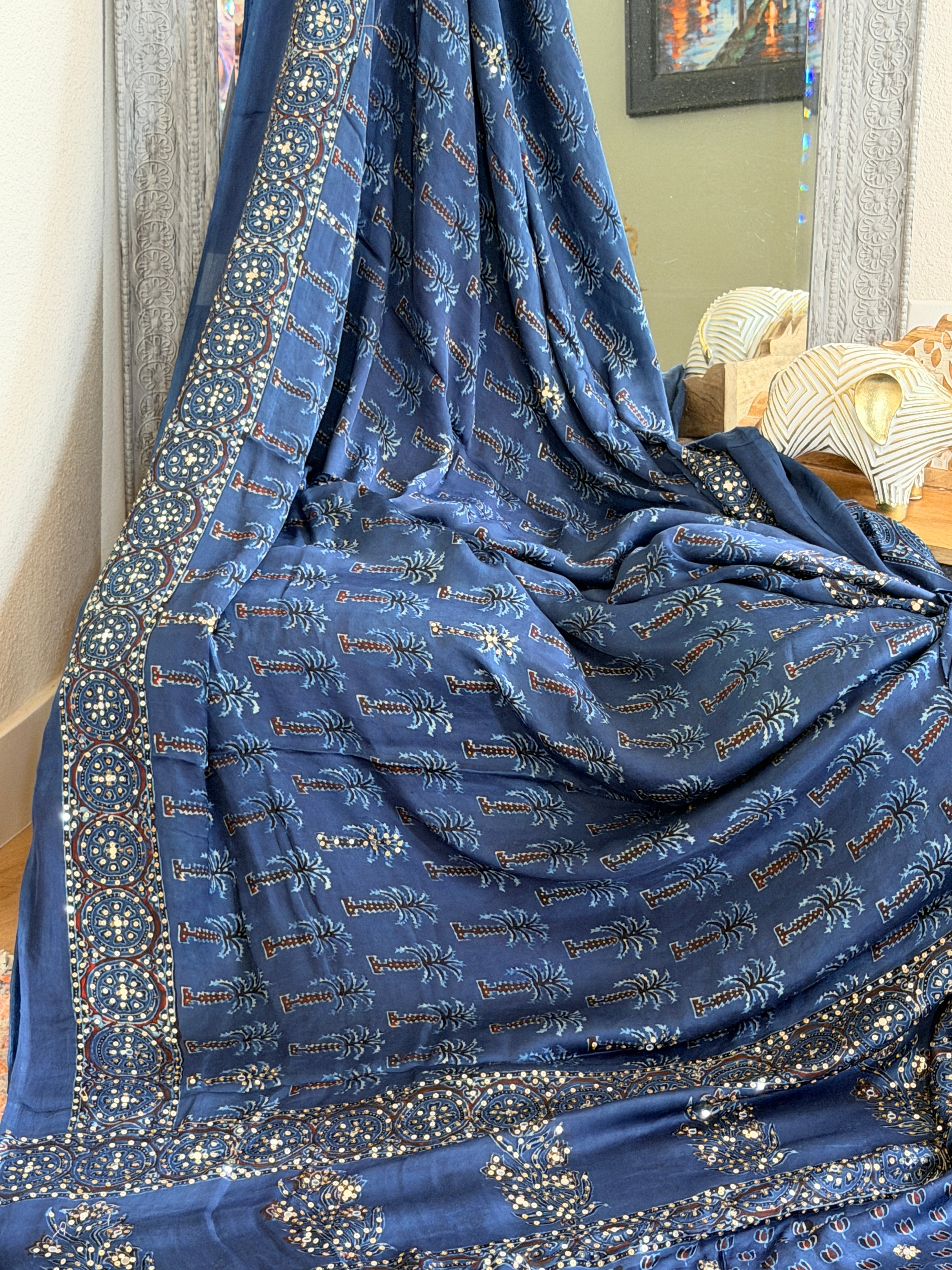 Modal Ajrak mirror and sequin work saree