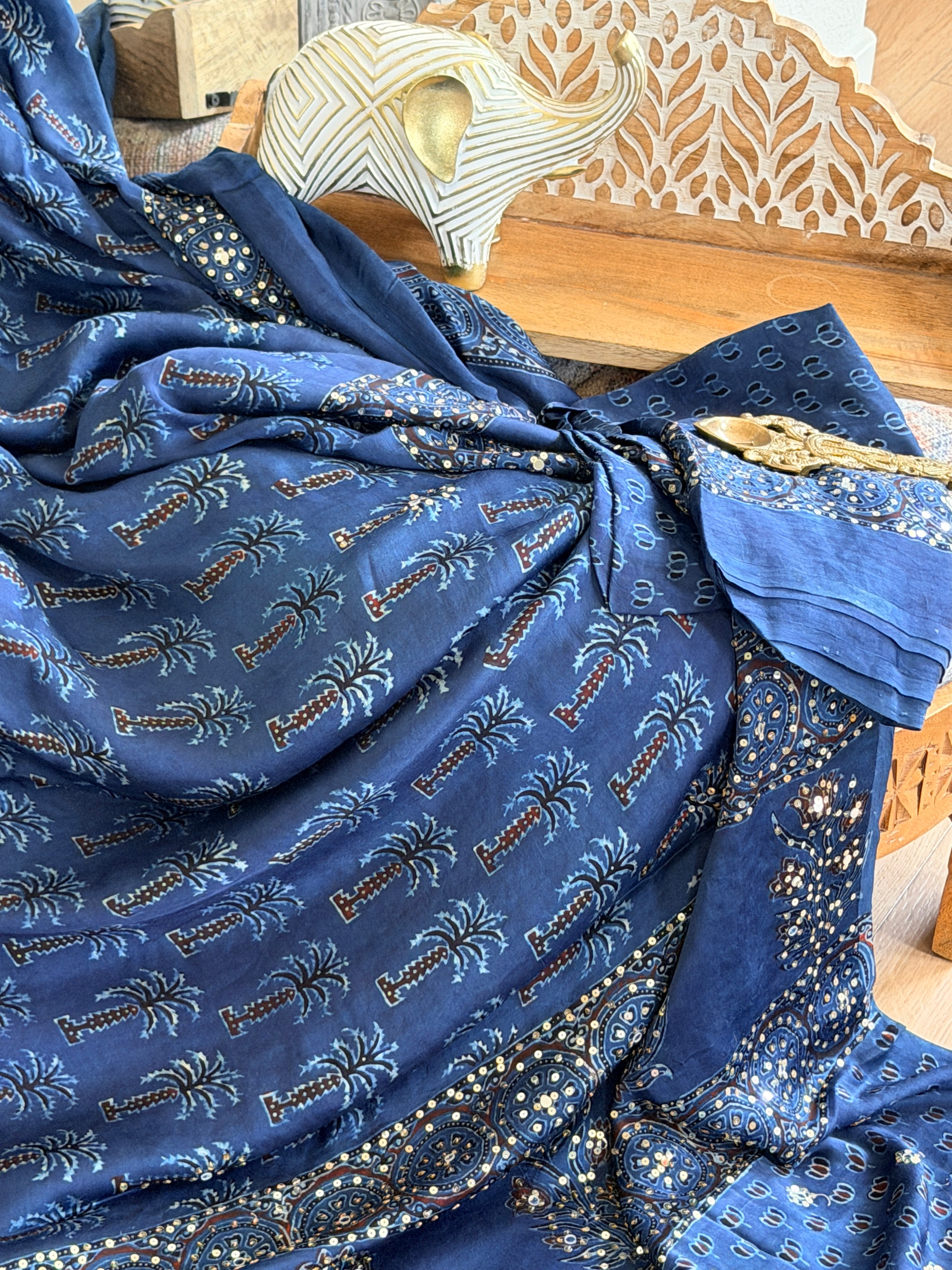 Modal Ajrak mirror and sequin work saree