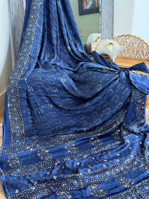 Modal Ajrak mirror and sequin work saree