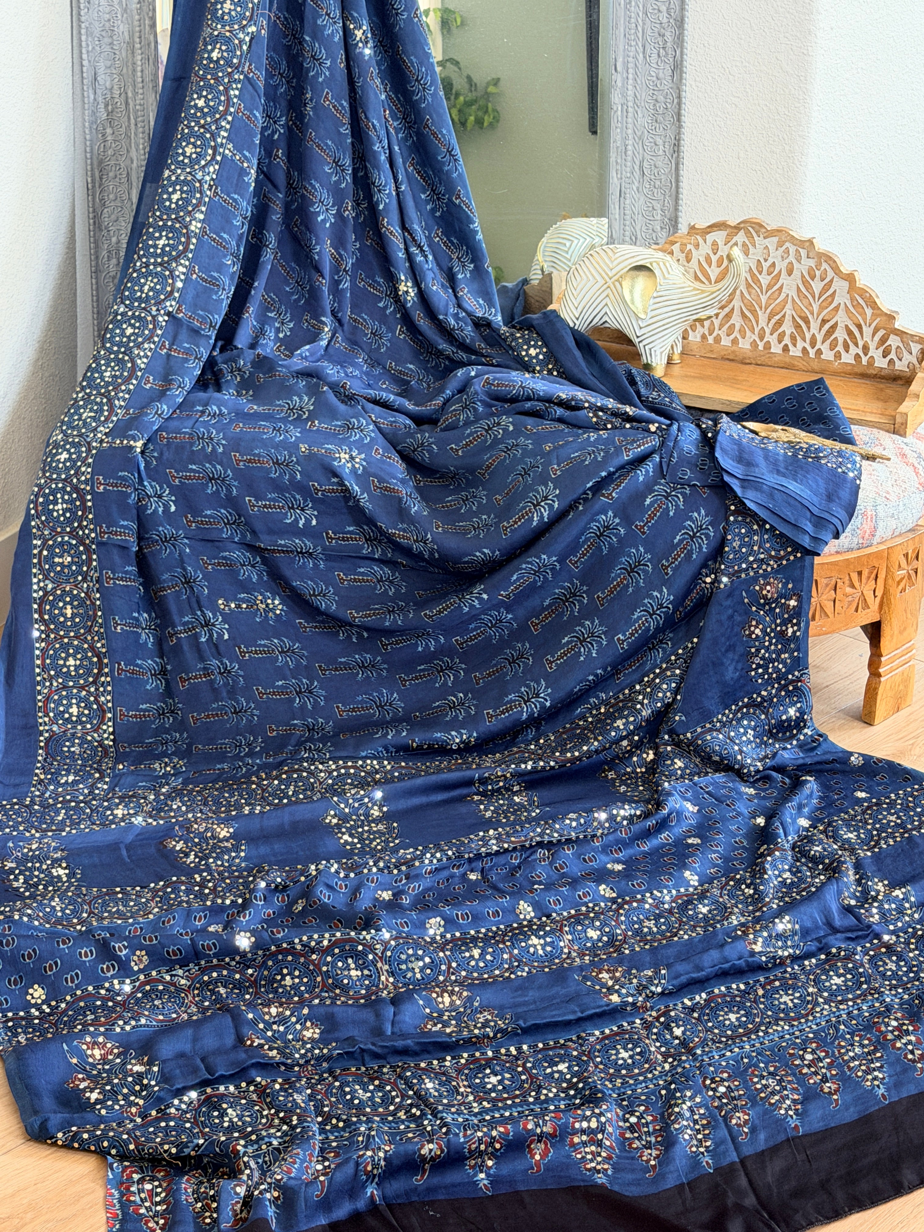 Modal Ajrak mirror and sequin work saree