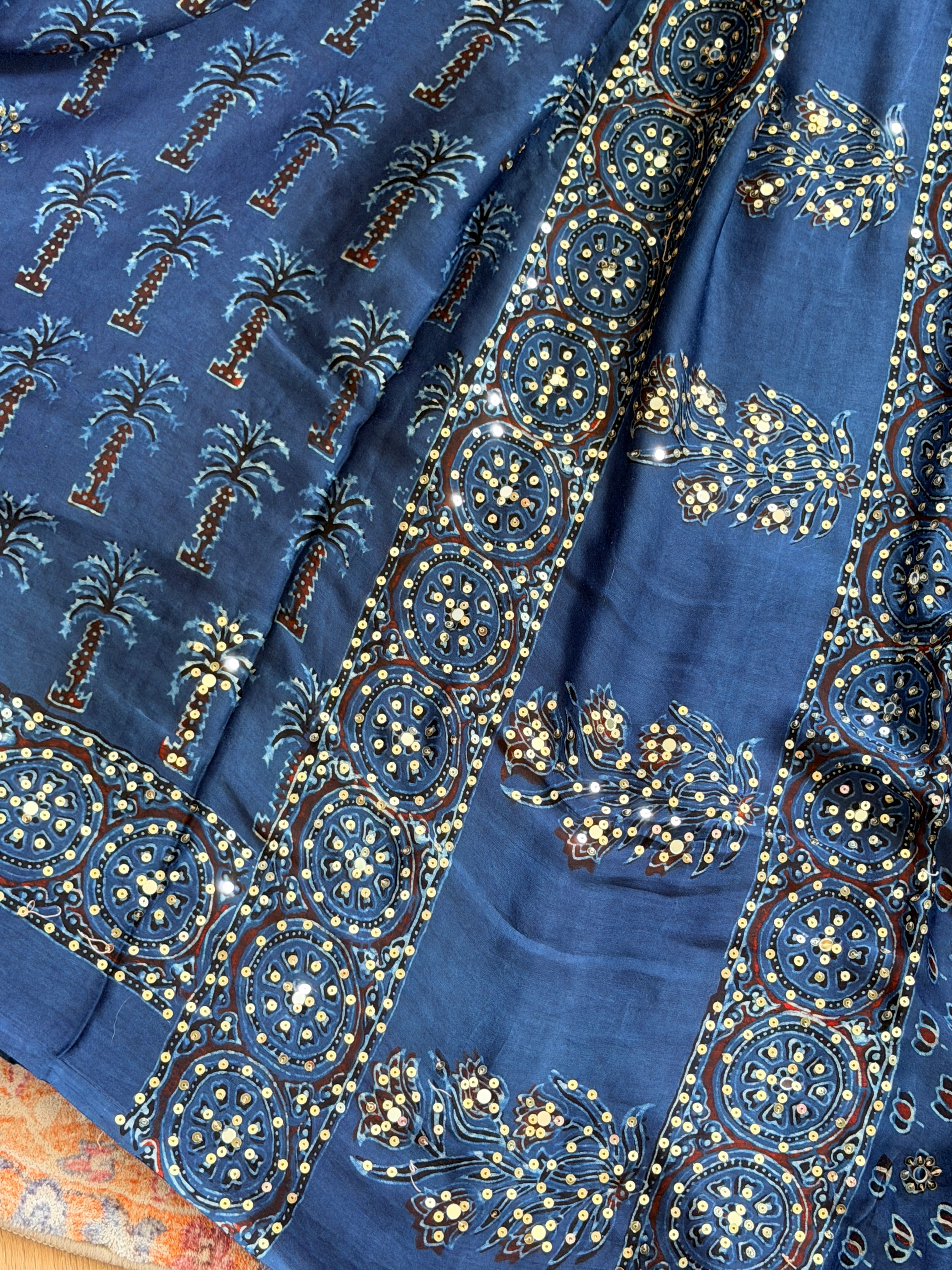 Modal Ajrak mirror and sequin work saree