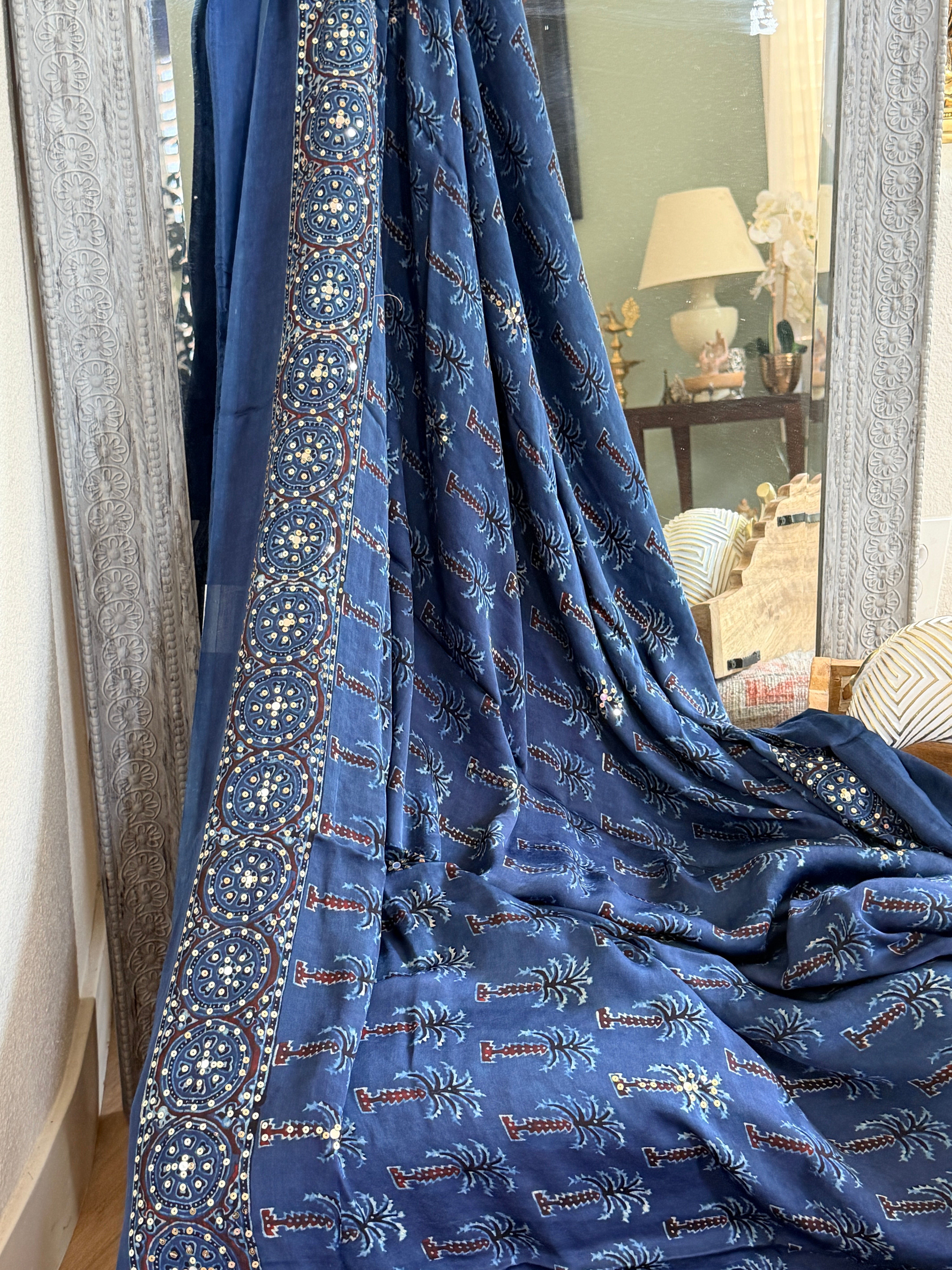 Modal Ajrak mirror and sequin work saree