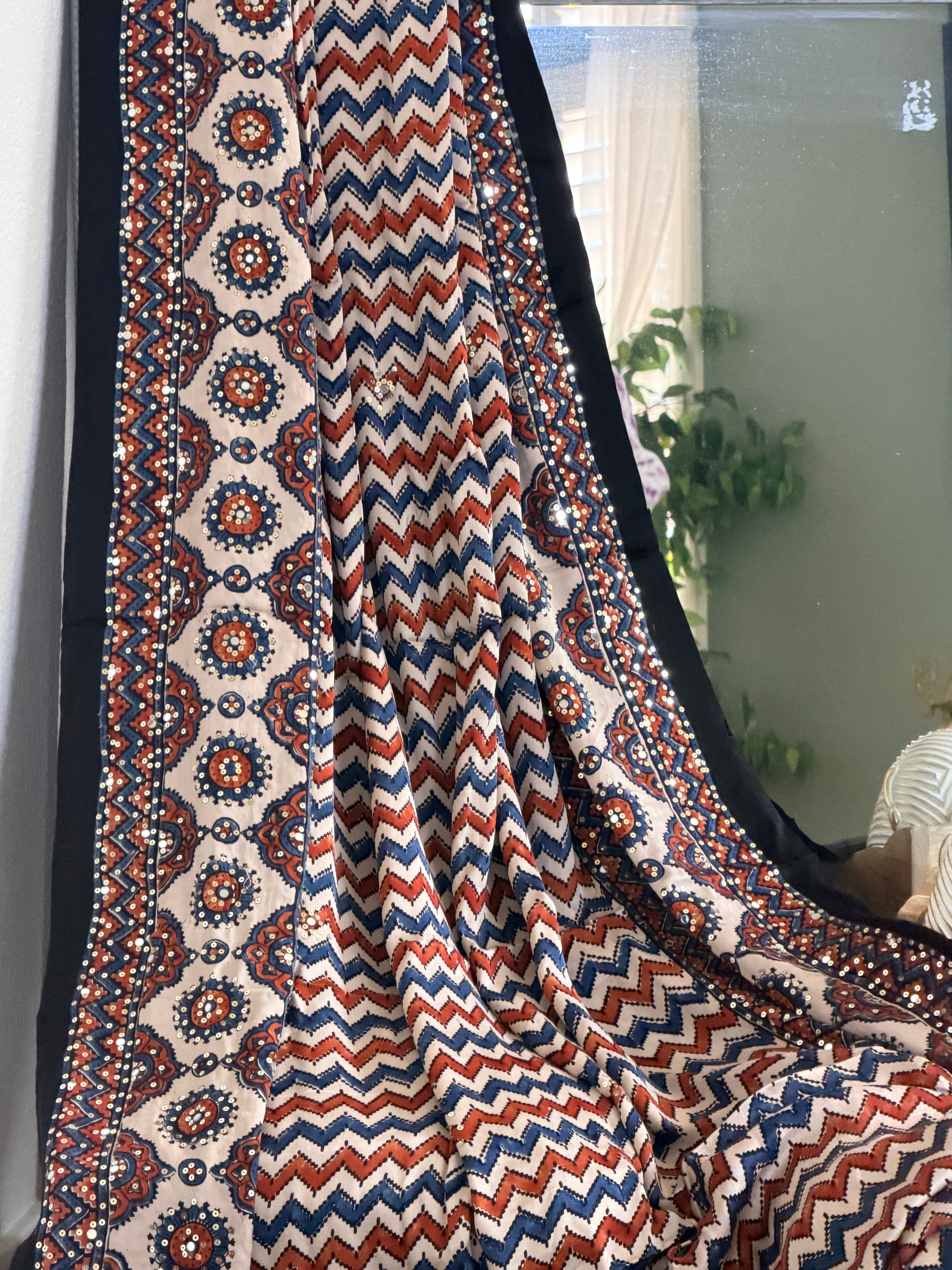 Modal Ajrak mirror and sequin work saree