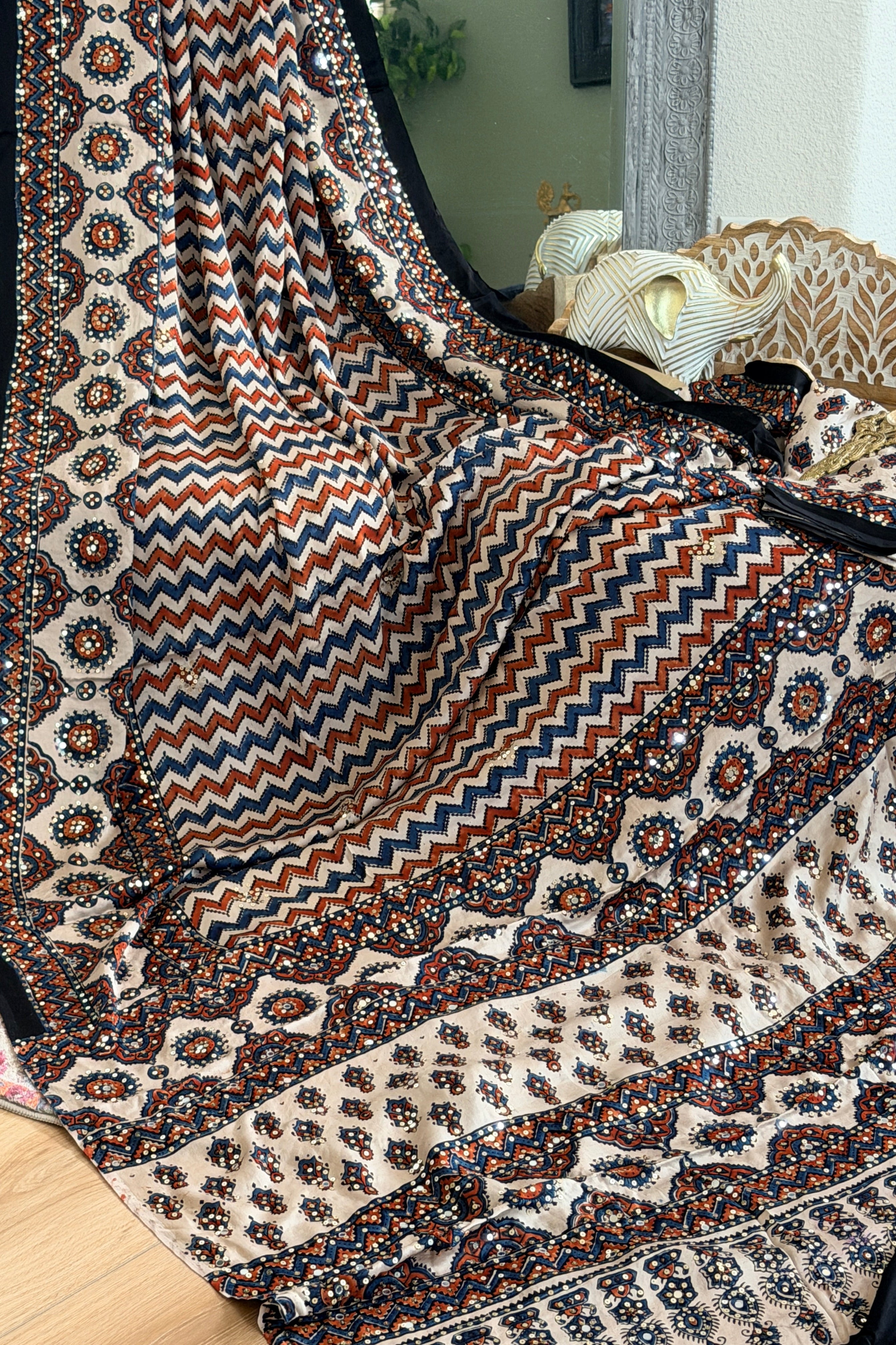 Modal Ajrak mirror and sequin work saree