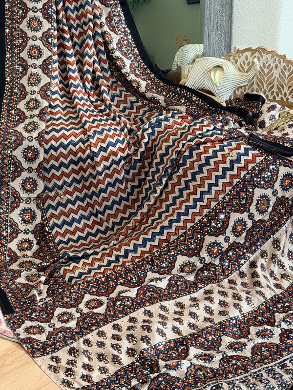 Modal Ajrak mirror and sequin work saree
