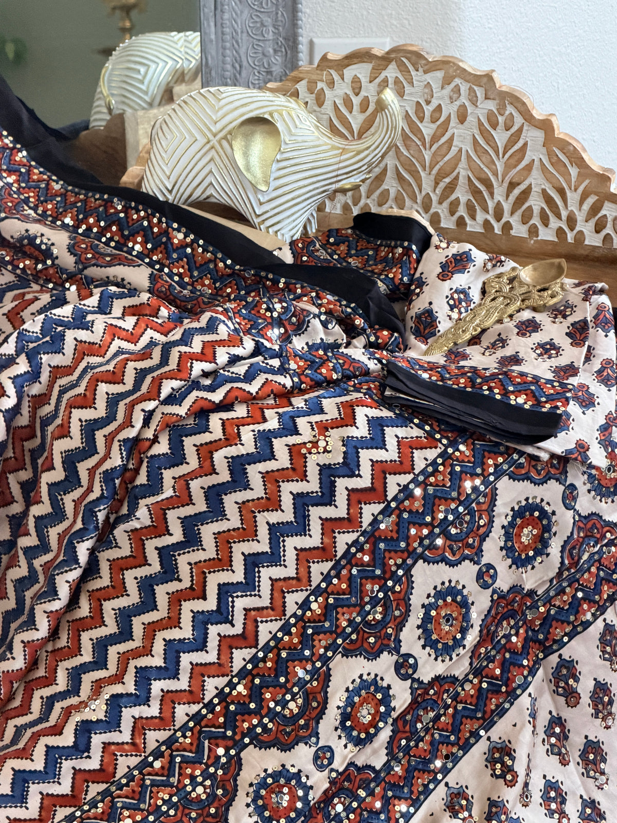 Modal Ajrak mirror and sequin work saree
