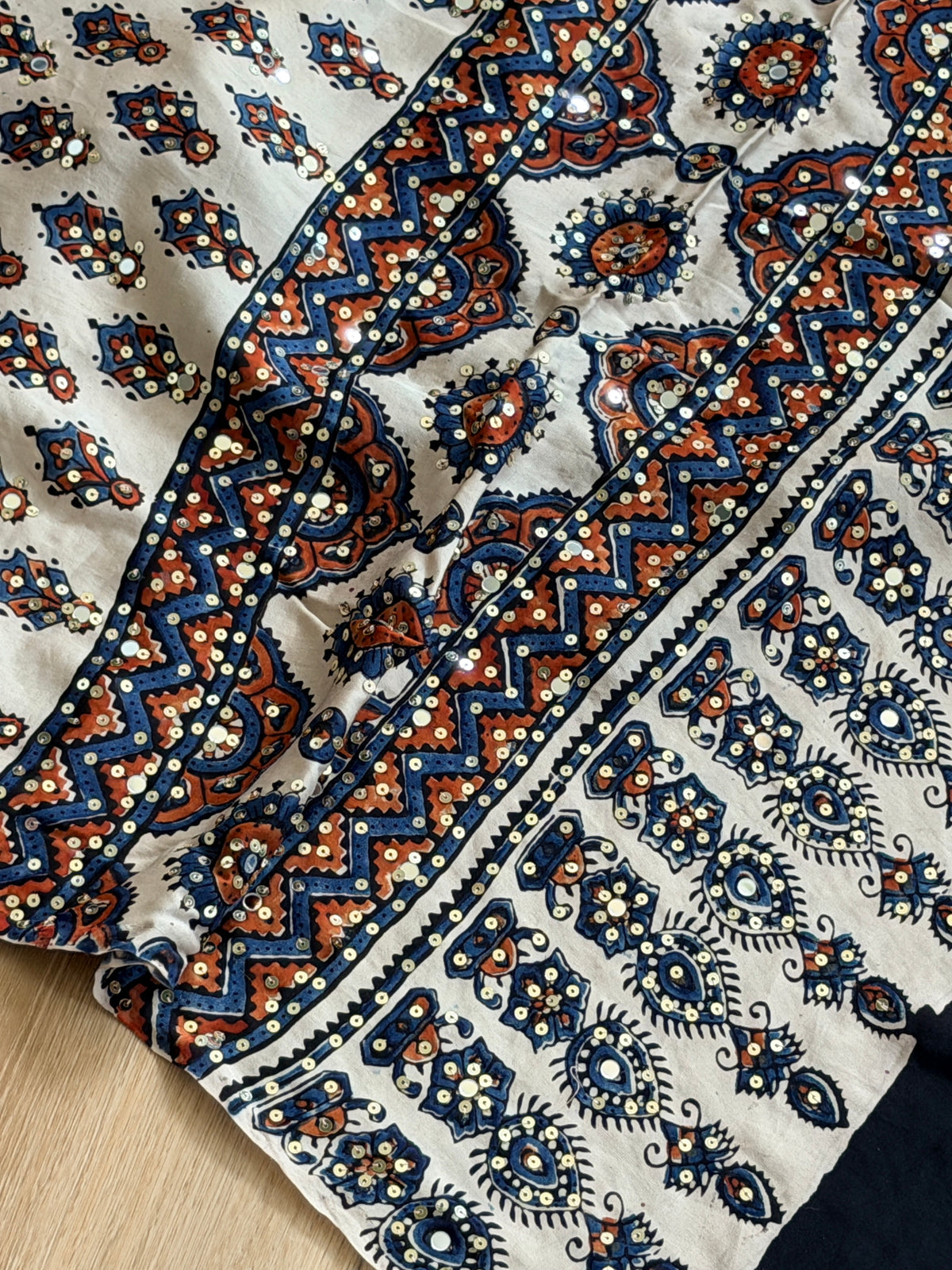 Modal Ajrak mirror and sequin work saree