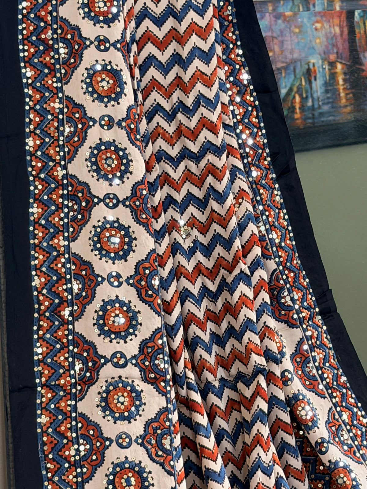 Modal Ajrak mirror and sequin work saree
