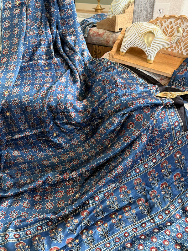 Modal Ajrak mirror and sequin work saree