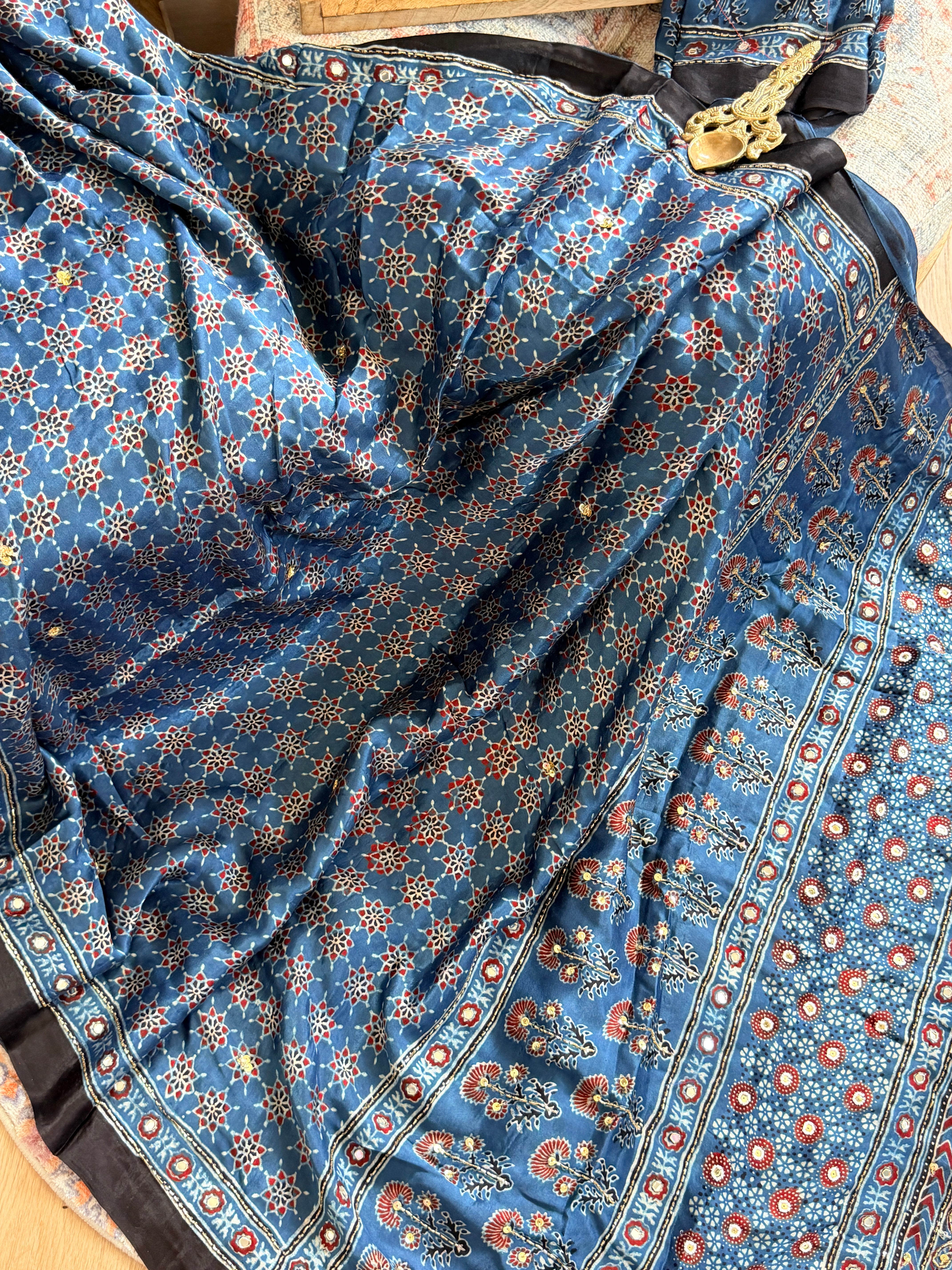 Modal Ajrak mirror and sequin work saree