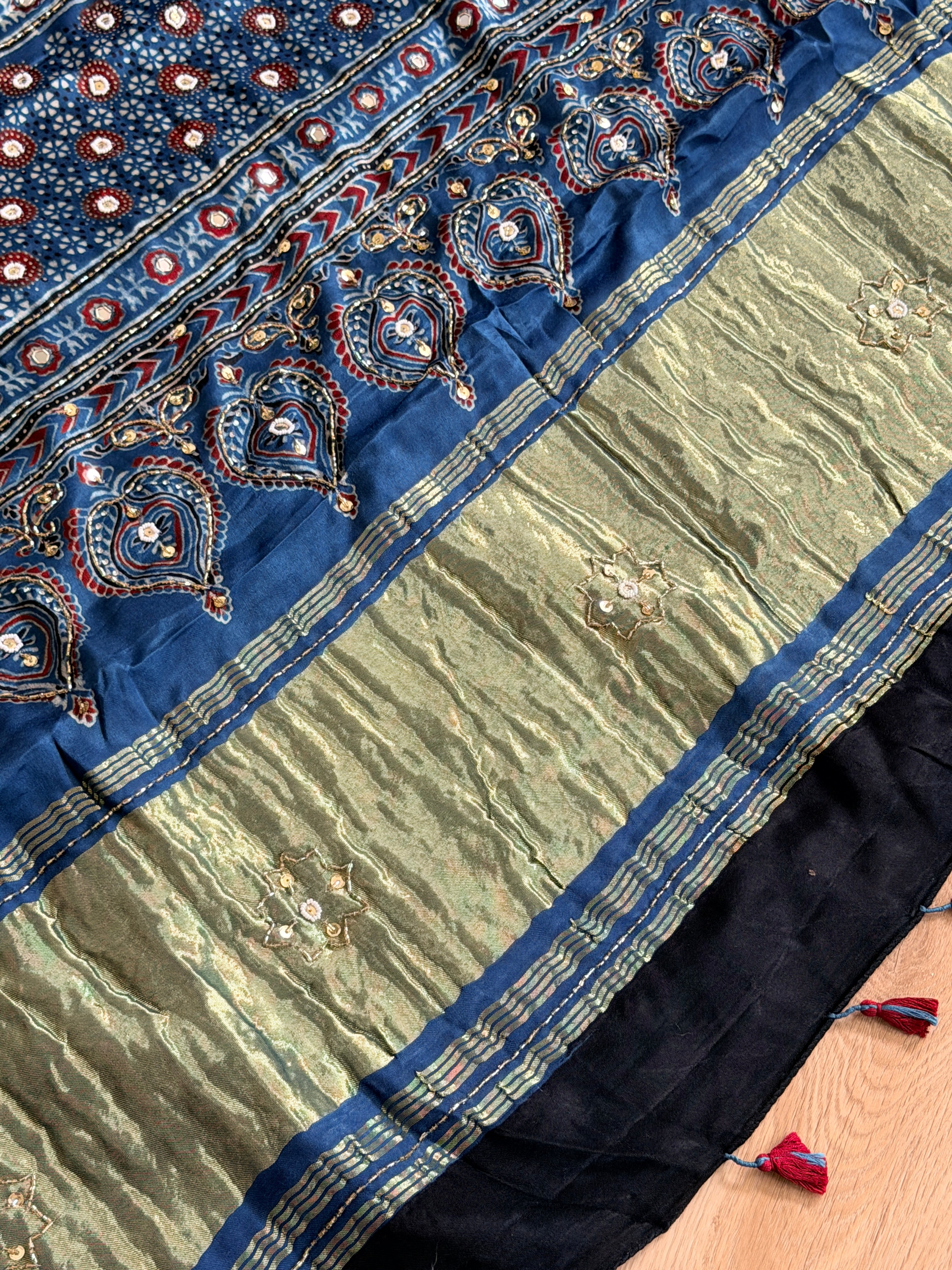 Modal Ajrak mirror and sequin work saree