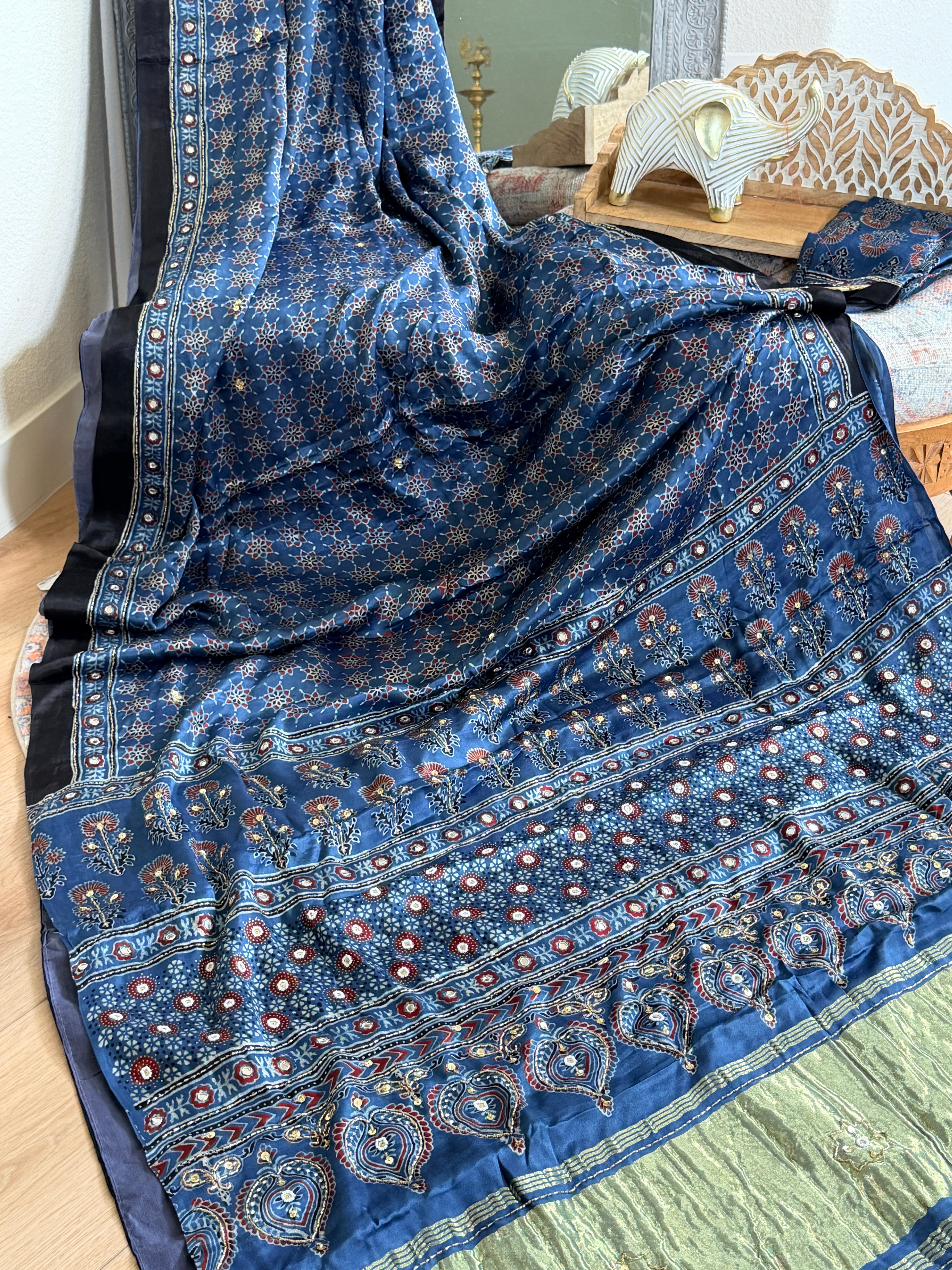 Modal Ajrak mirror and sequin work saree