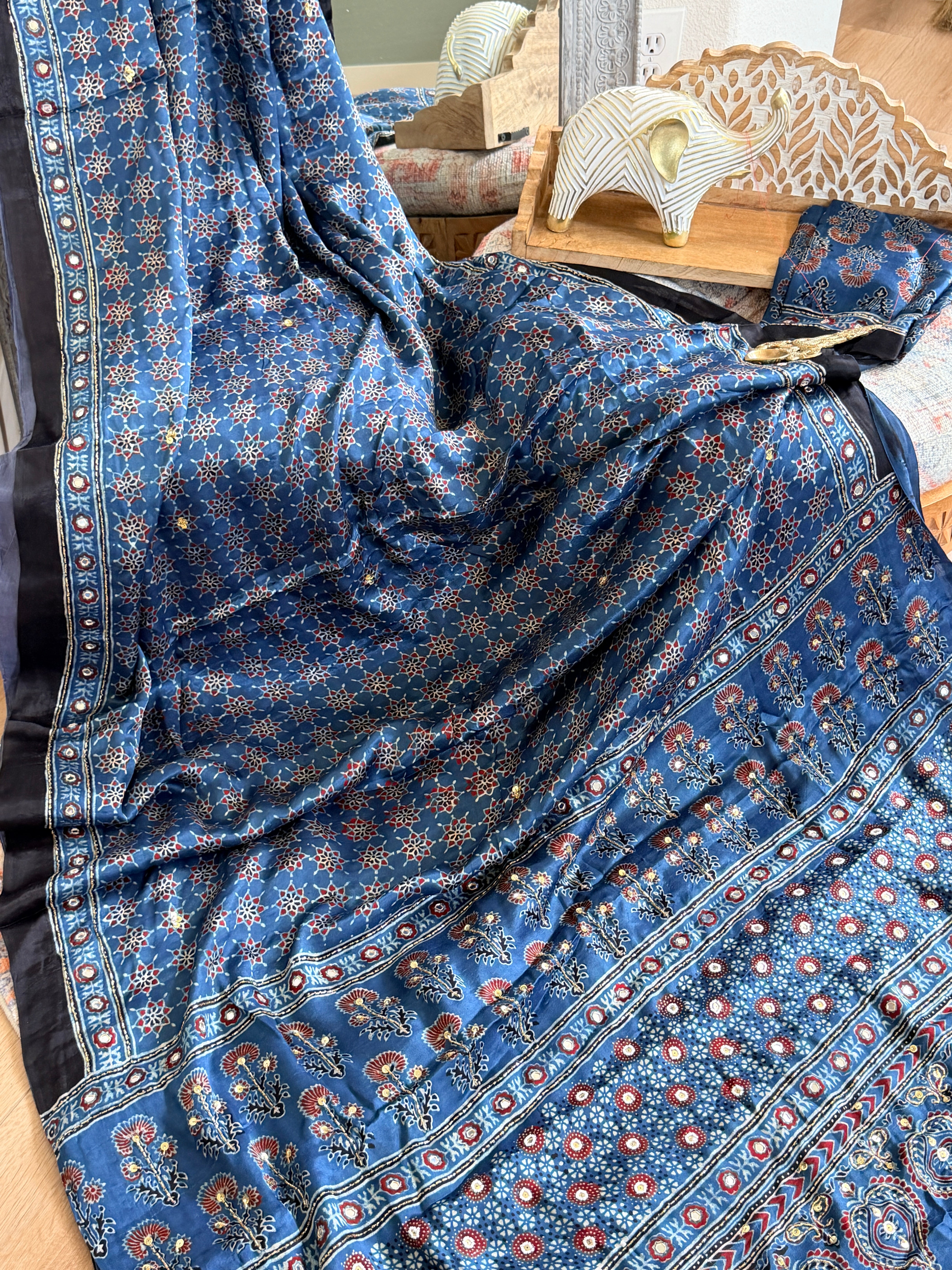 Modal Ajrak mirror and sequin work saree