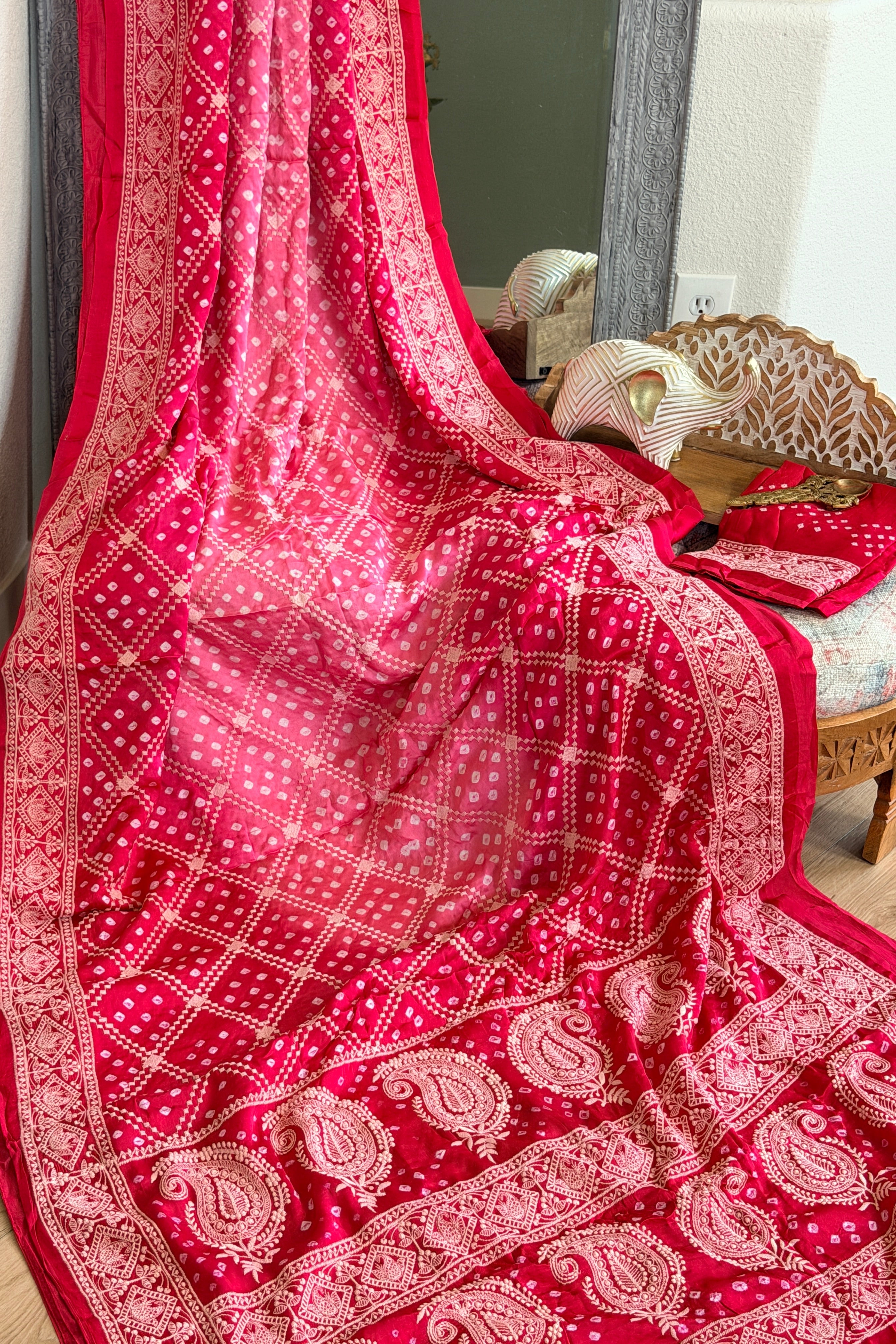 Bandhani Saree with Chikankari Work
