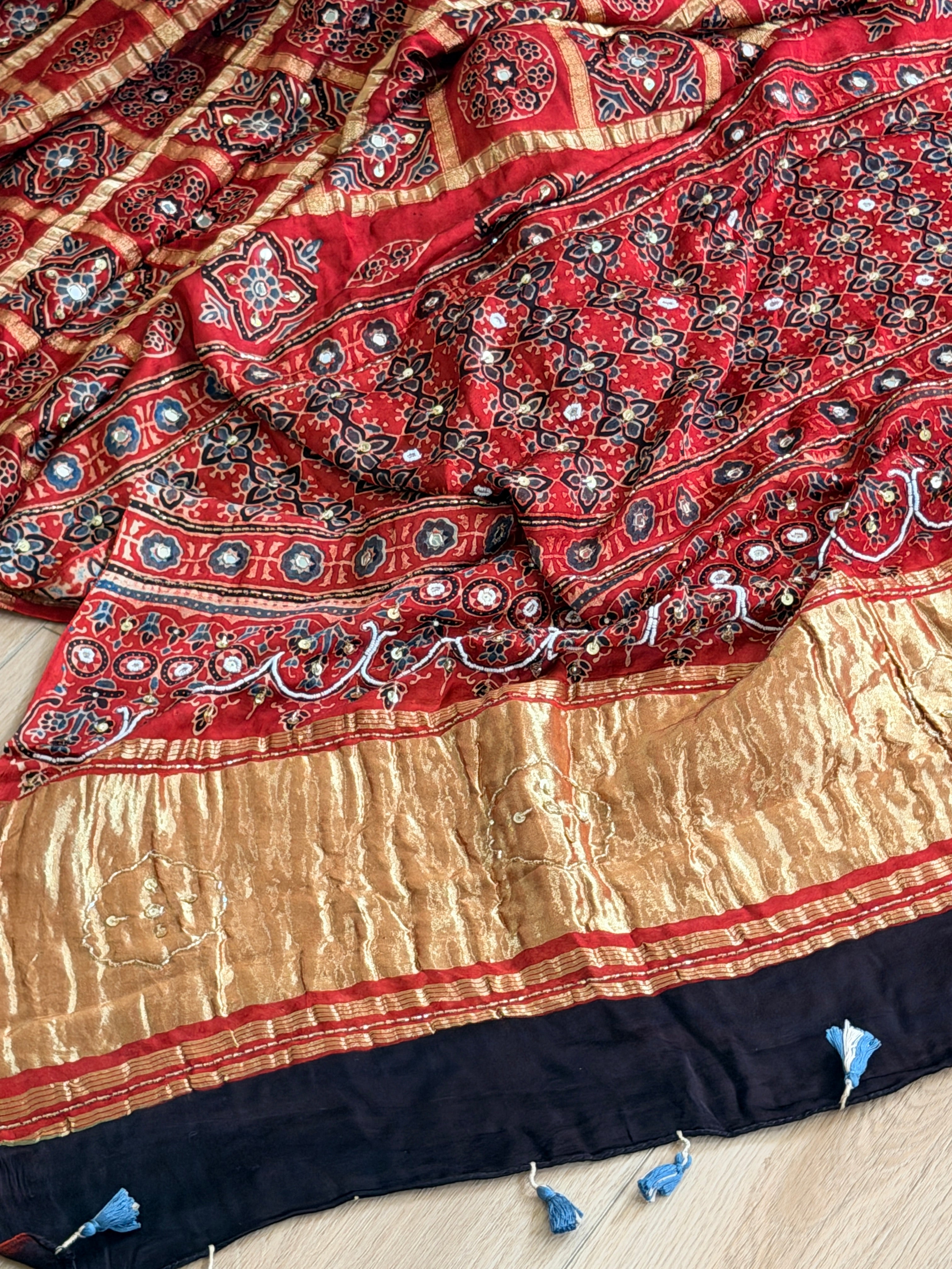 Modal Gharchola with Ajrakh Sequin and tilla work Saree