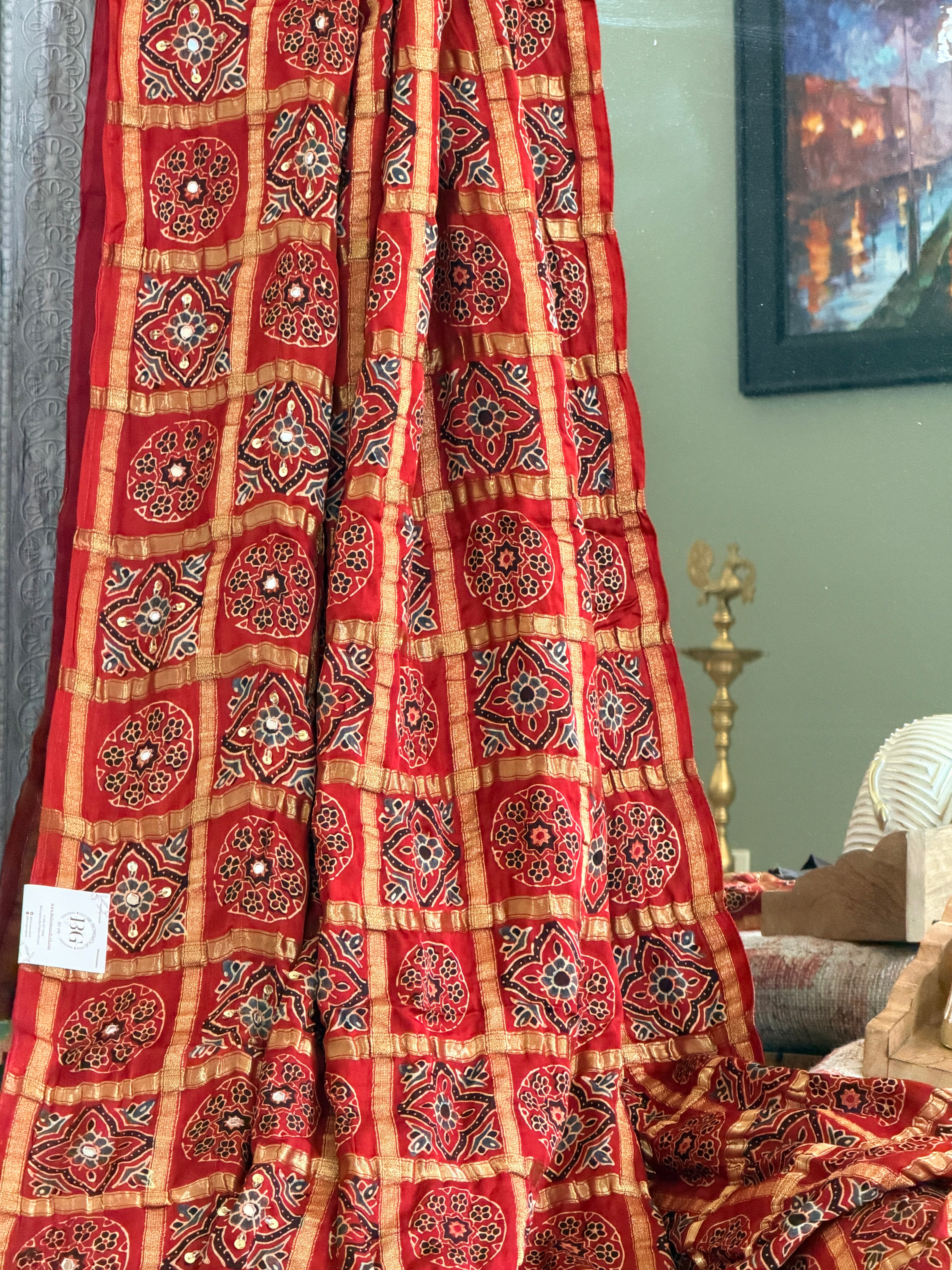 Modal Gharchola with Ajrakh Sequin and tilla work Saree