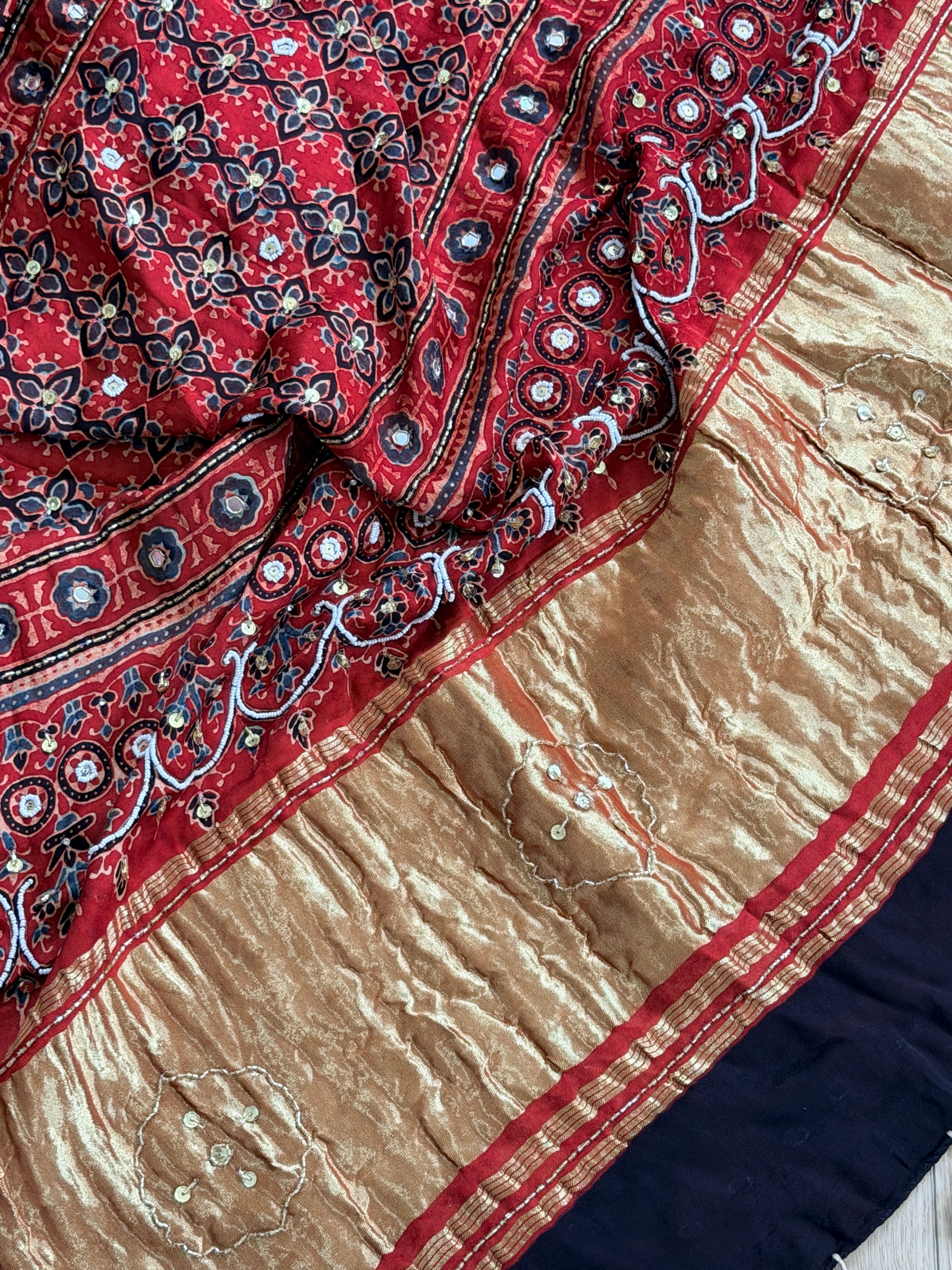 Modal Gharchola with Ajrakh Sequin and tilla work Saree