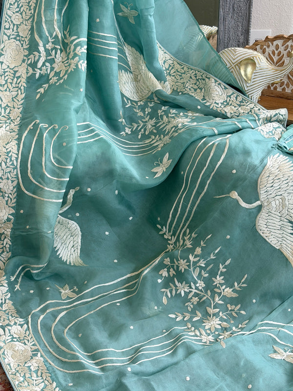 Parsi Gara hand embroidered organza saree
