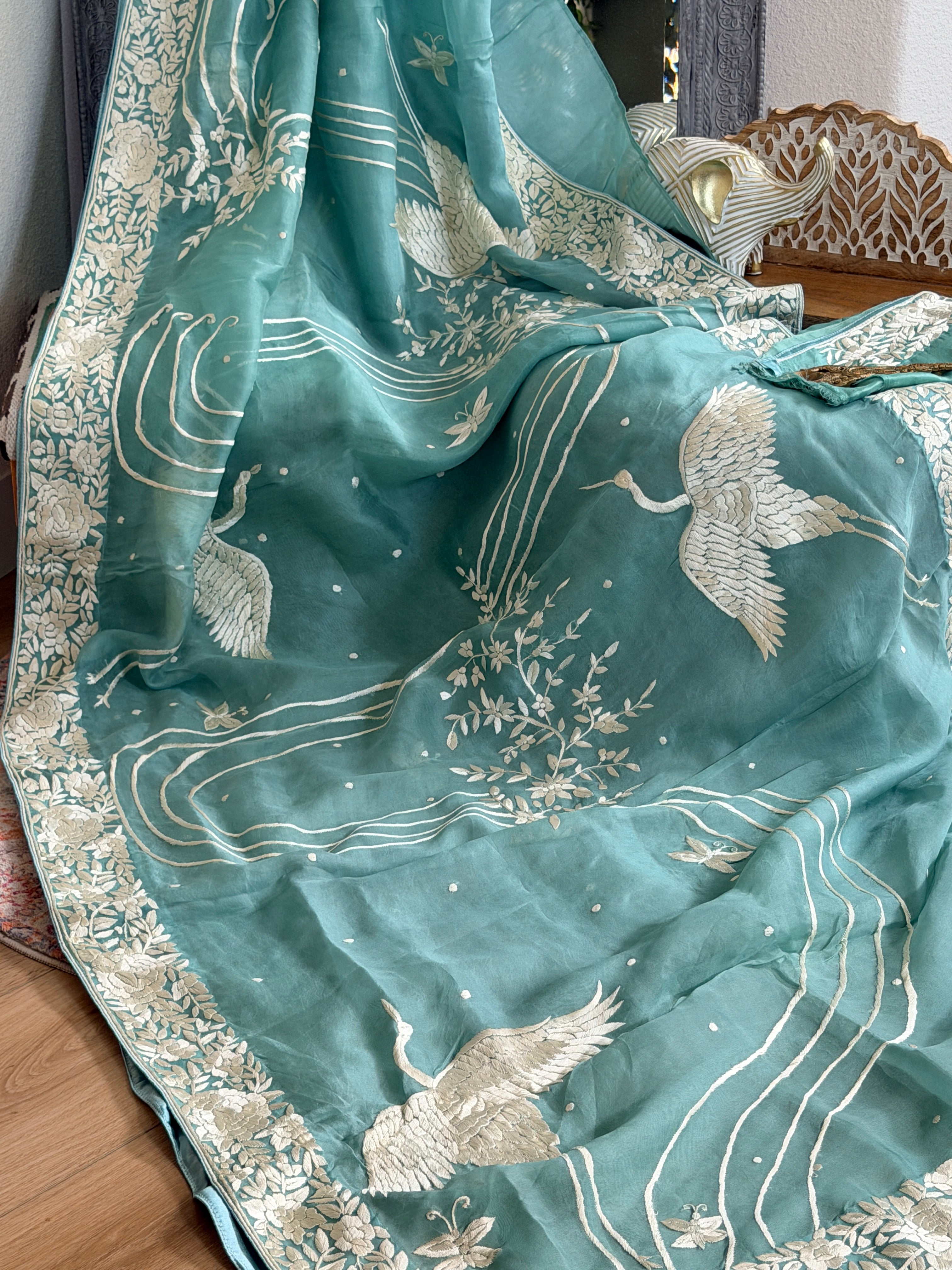 Parsi Gara hand embroidered organza saree