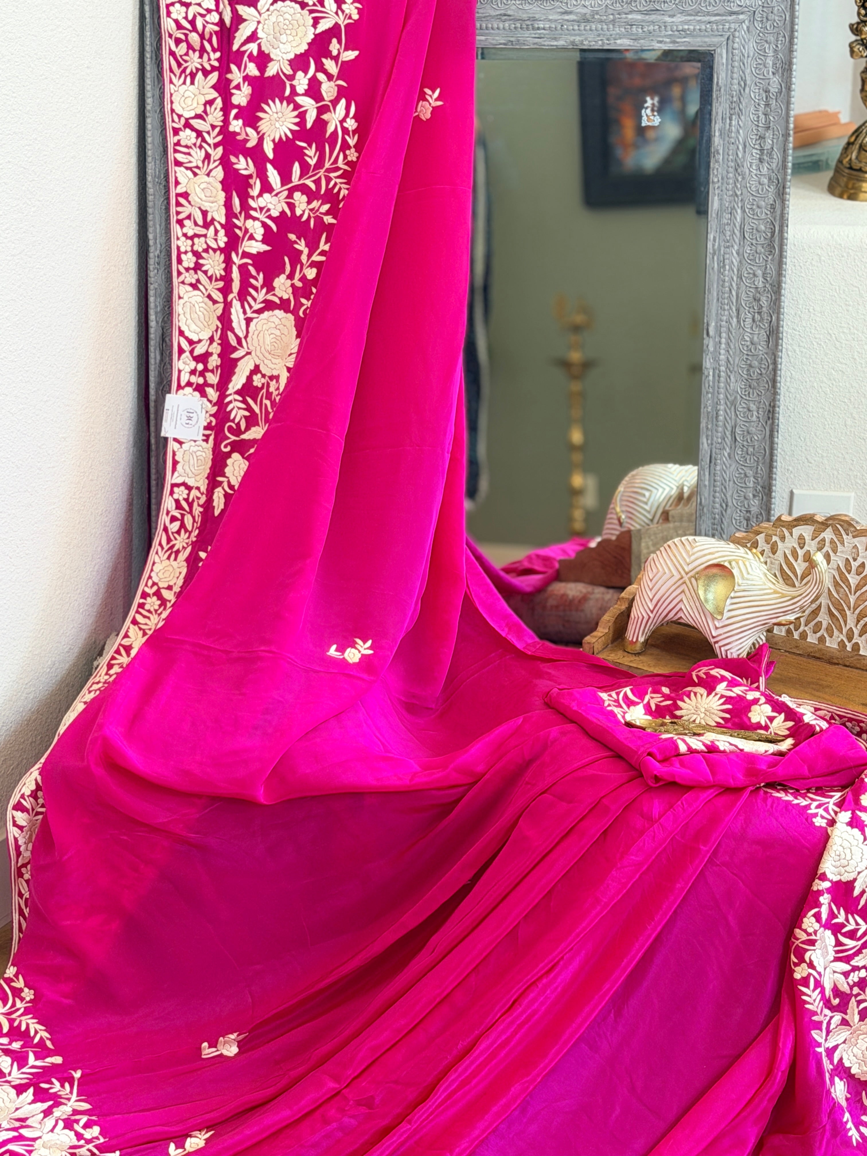 Parsi Gara hand embroidered crepe silk saree