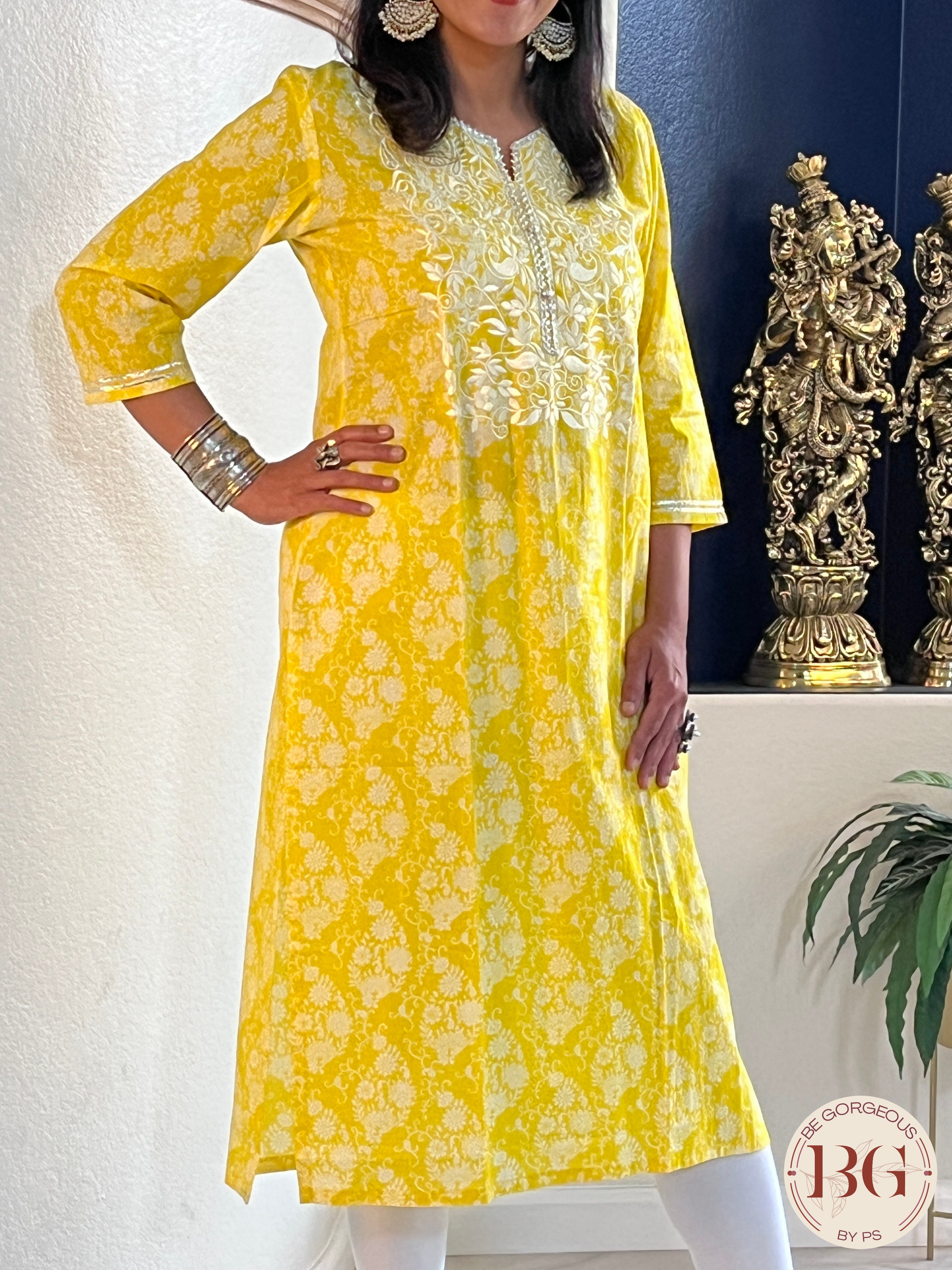 Kurti with reshan work on neck and gota detailing - Yellow Color