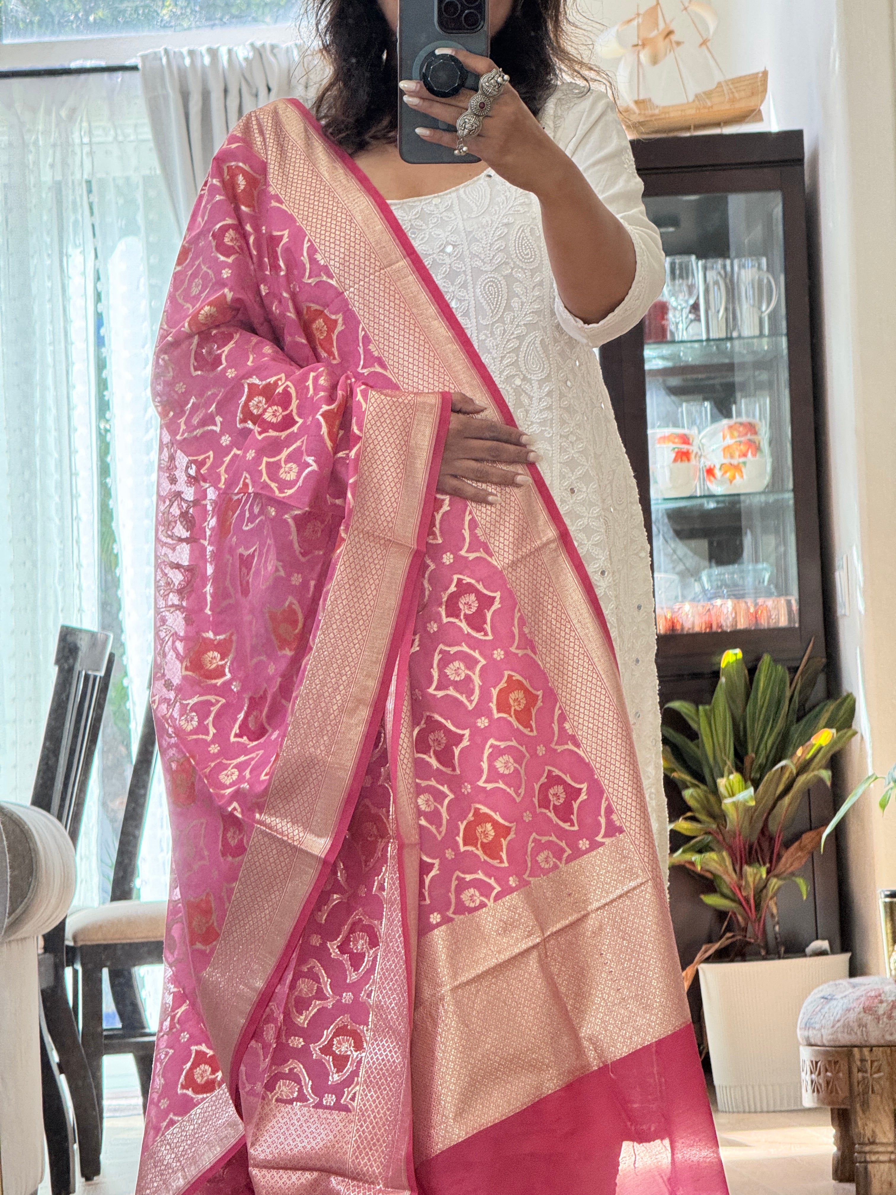 Pure Chanderi Rangkat dupatta - dark pink