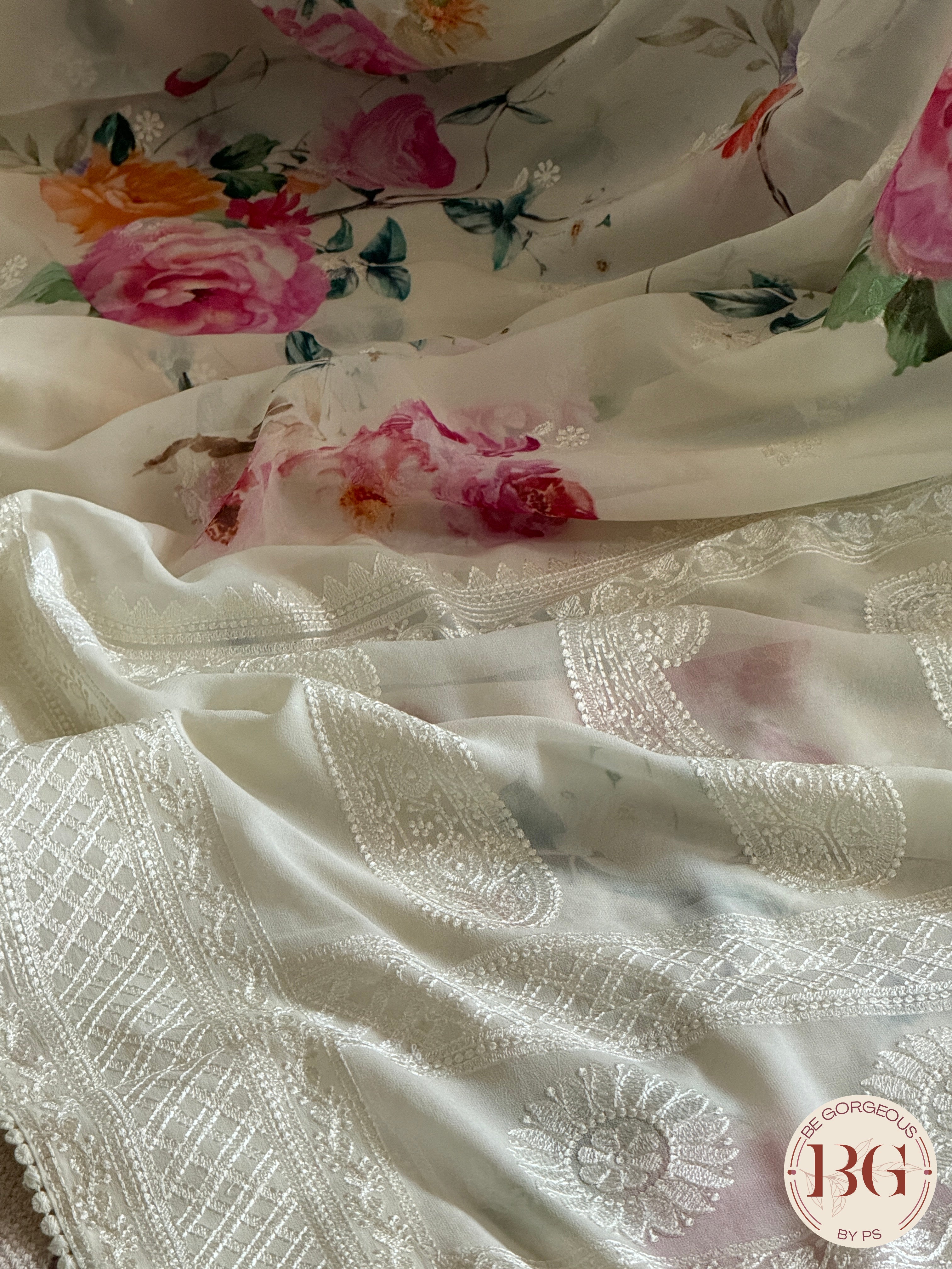 Party wear crepe saree with thread work and digital floral prints - White