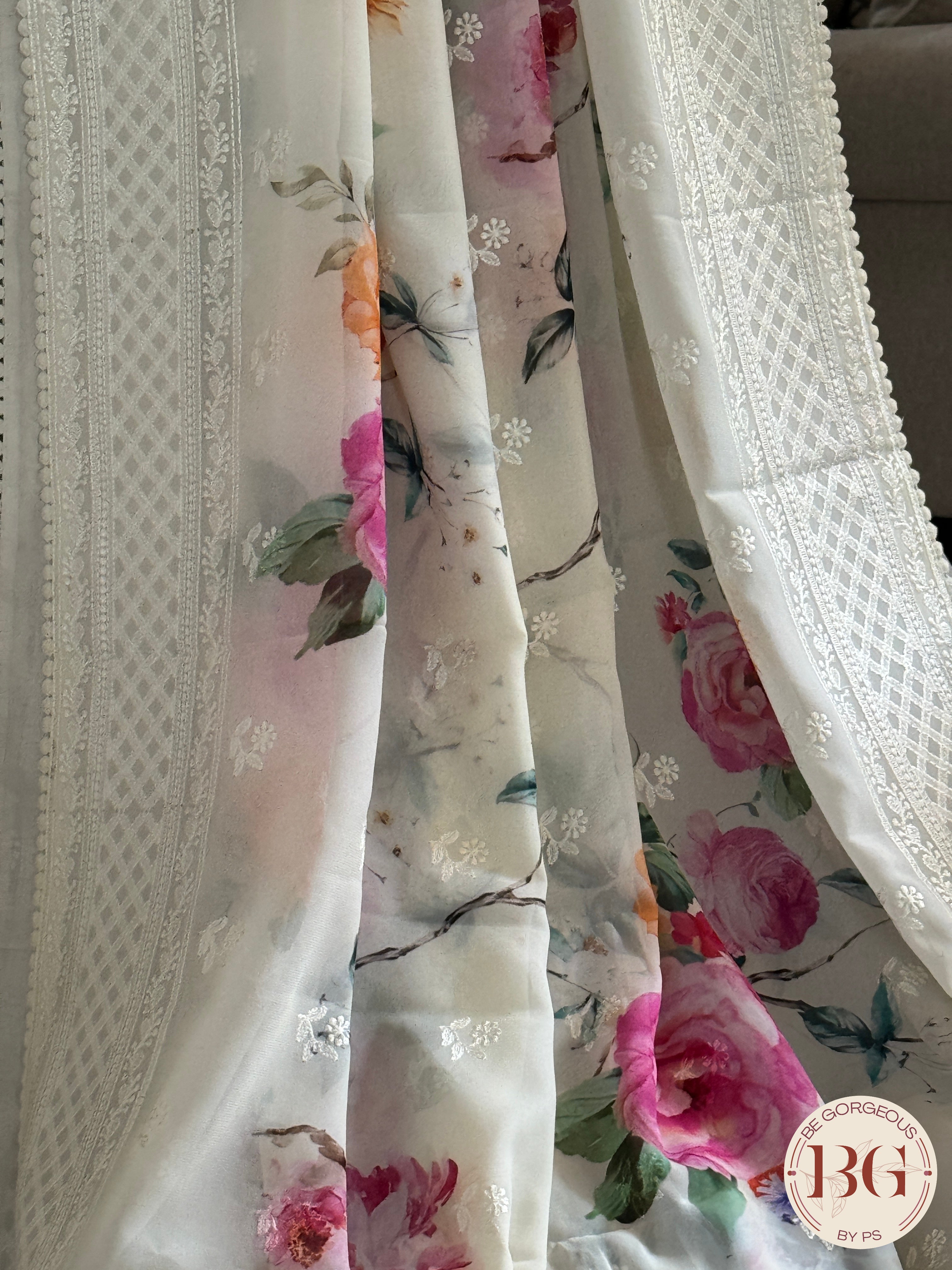 Party wear crepe saree with thread work and digital floral prints - White