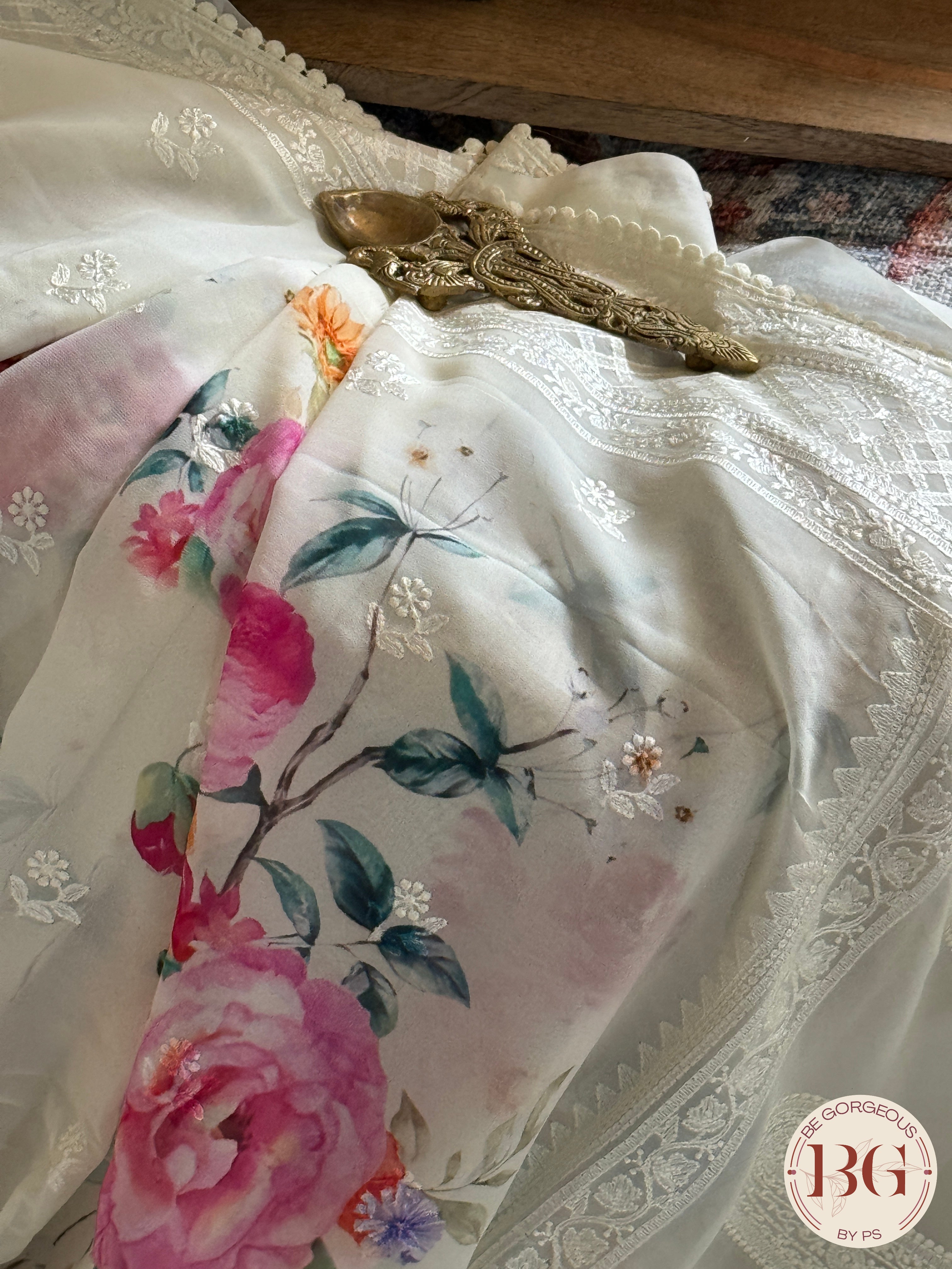 Party wear crepe saree with thread work and digital floral prints - White