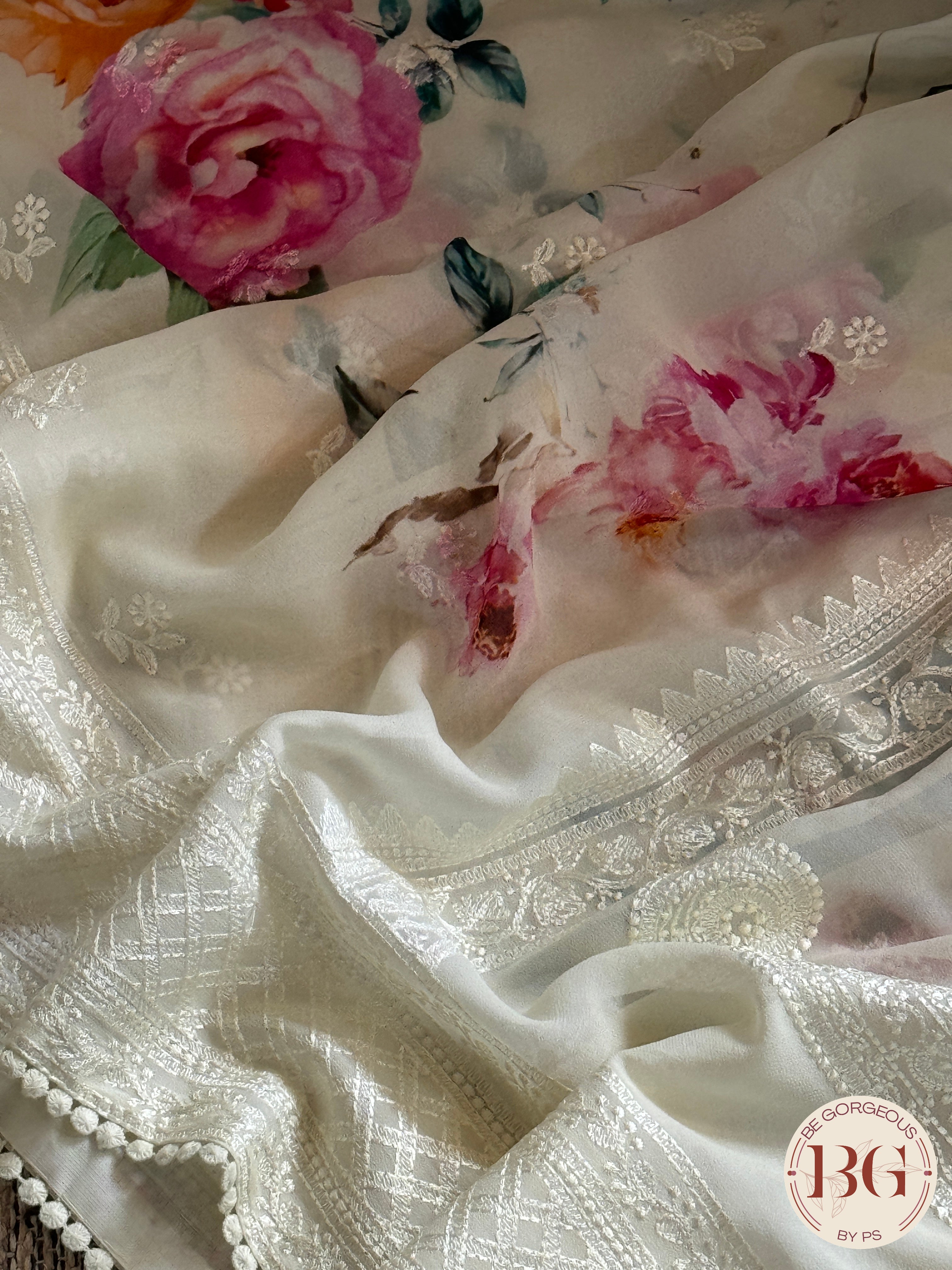 Party wear crepe saree with thread work and digital floral prints - White