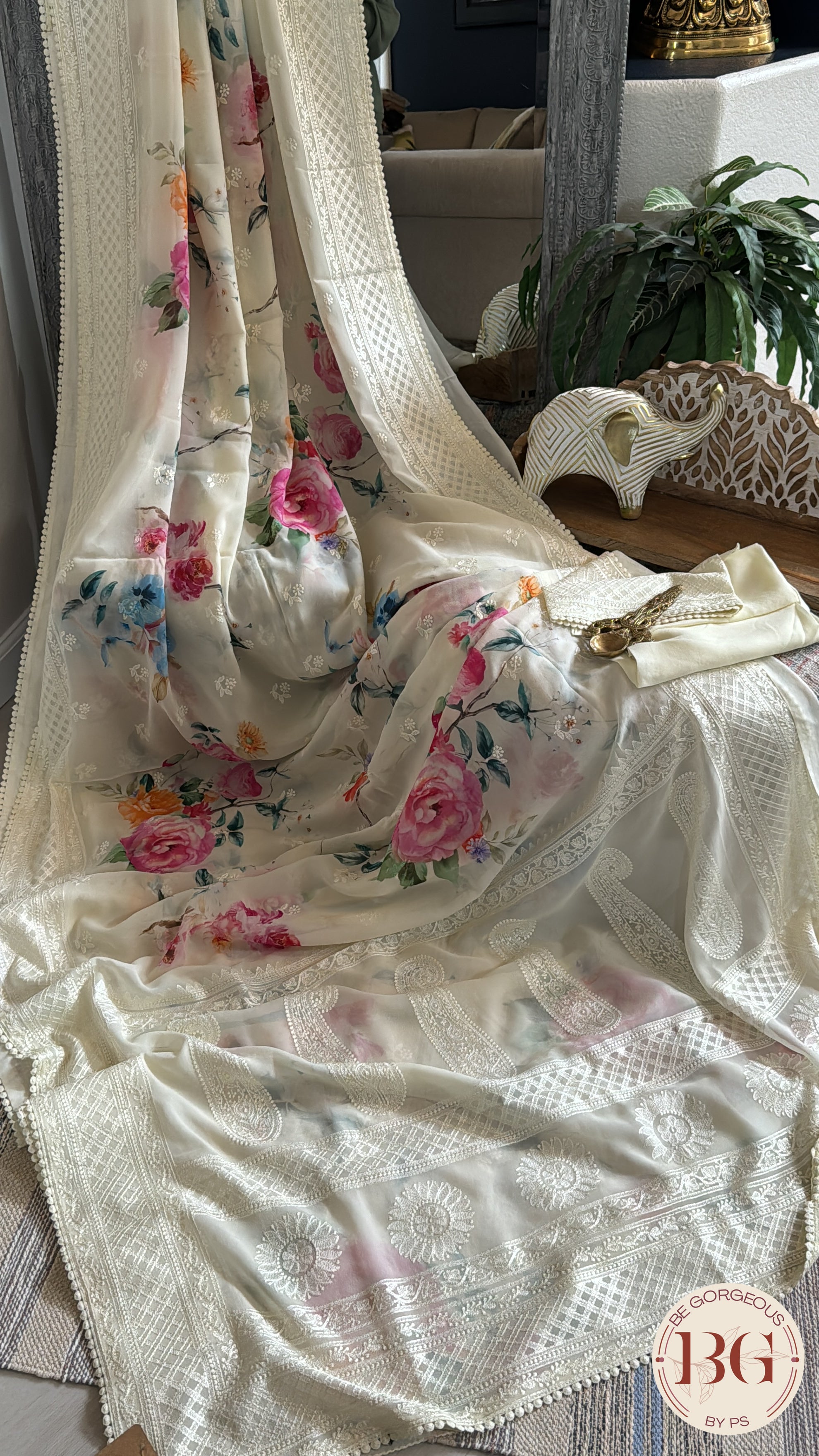 Party wear crepe saree with thread work and digital floral prints - White