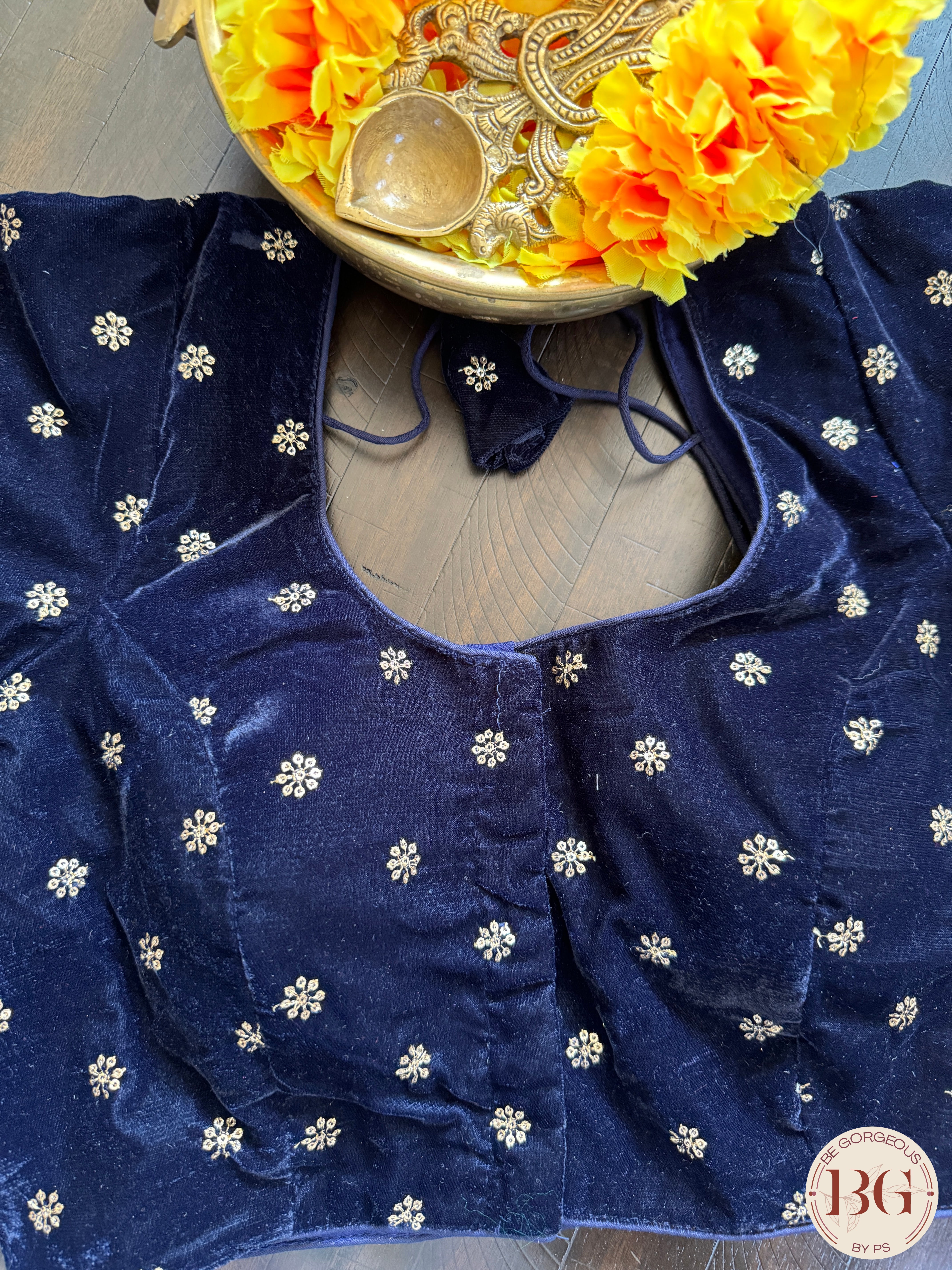 Velvet Blouse with sleeves - Navy Blue