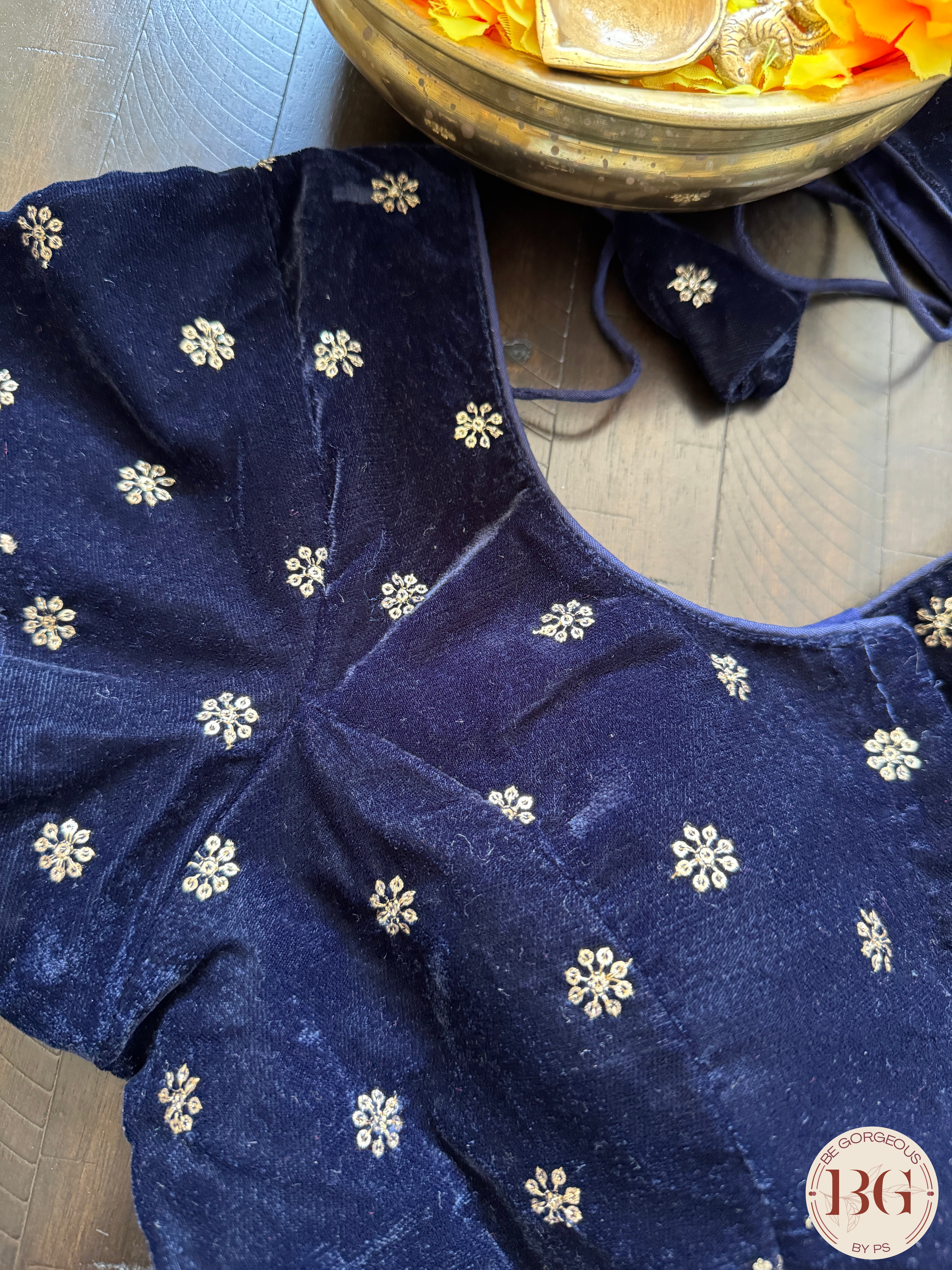 Velvet Blouse with sleeves - Navy Blue