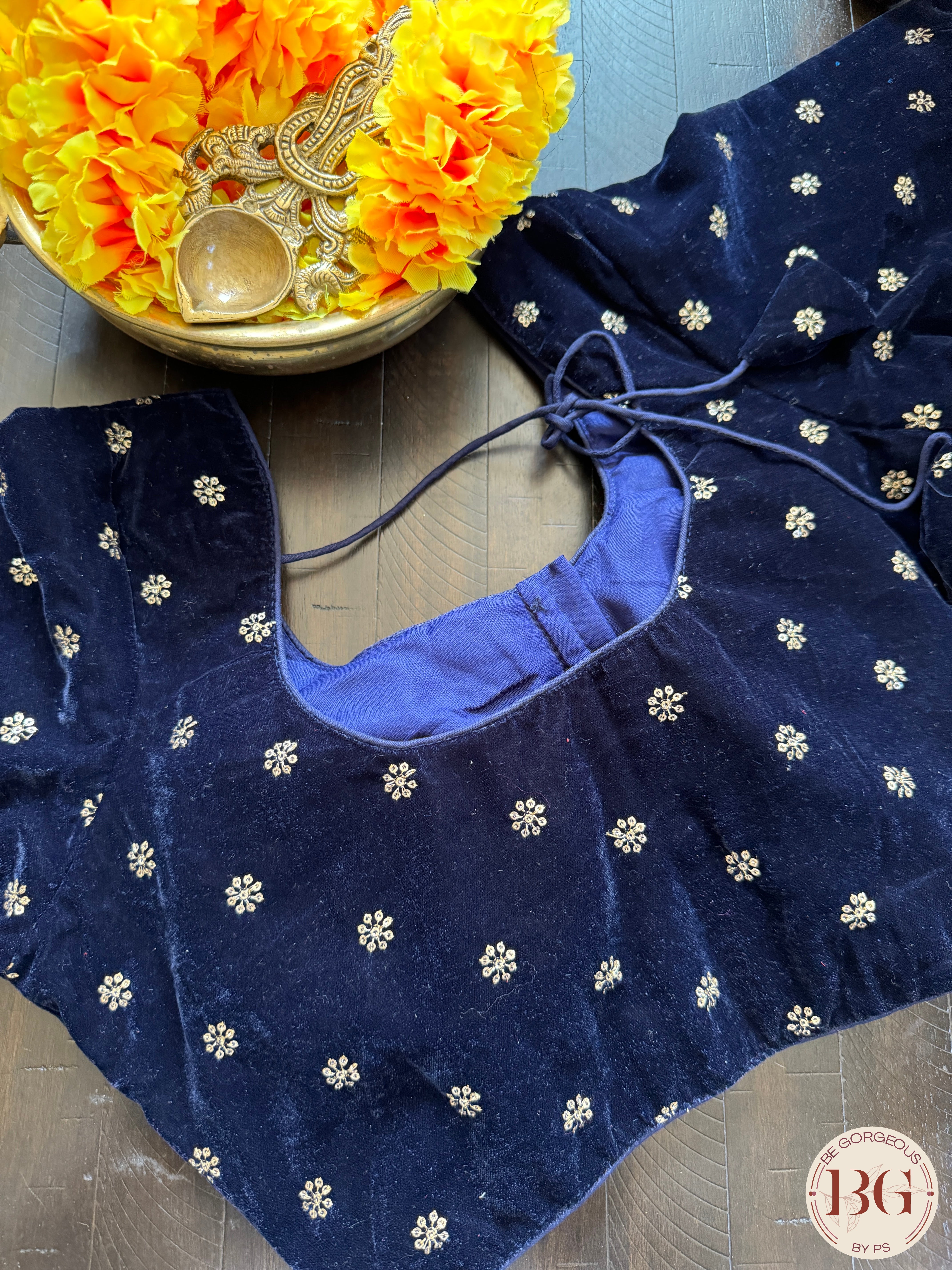 Velvet Blouse with sleeves - Navy Blue
