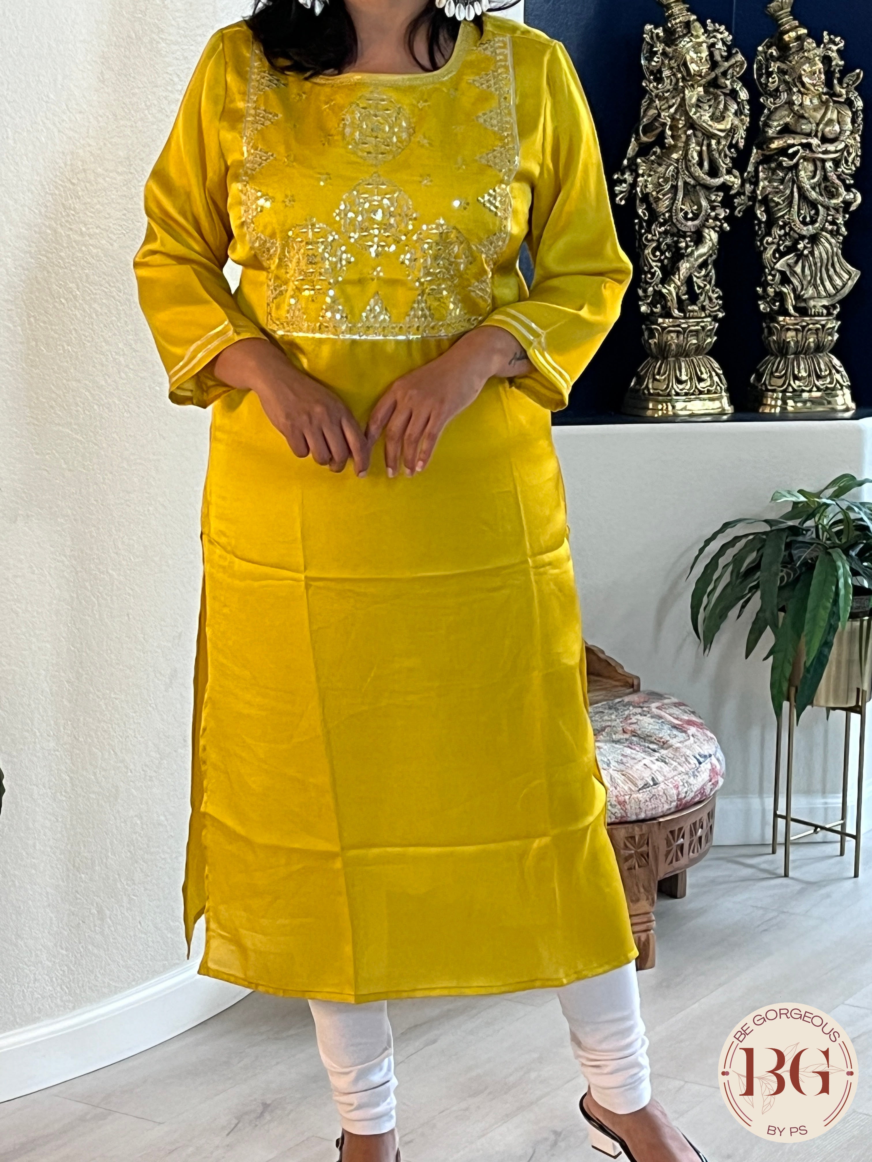 Muslin silk kurti with gota work in yellow/golden color