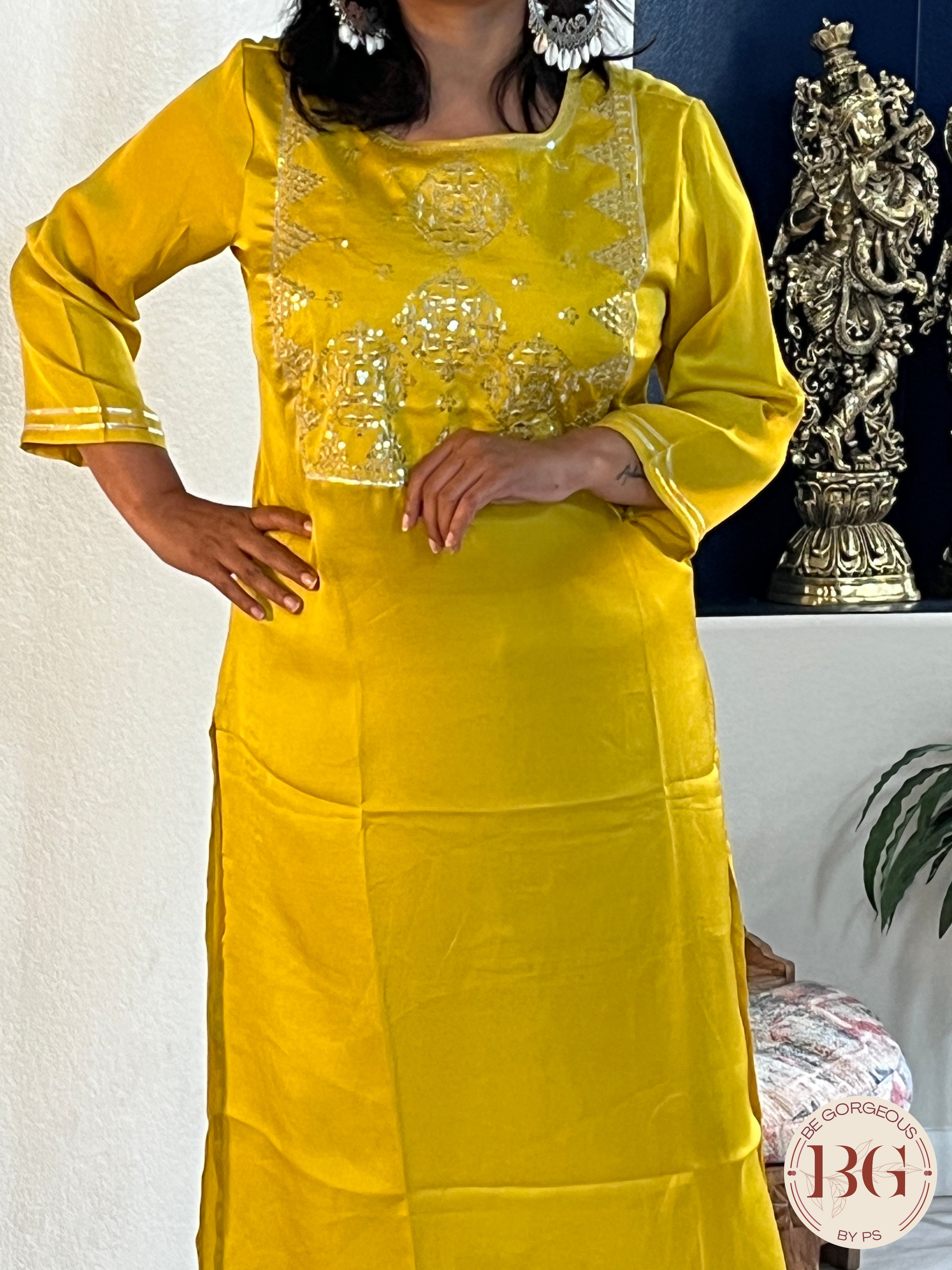 Muslin silk kurti with gota work in yellow/golden color