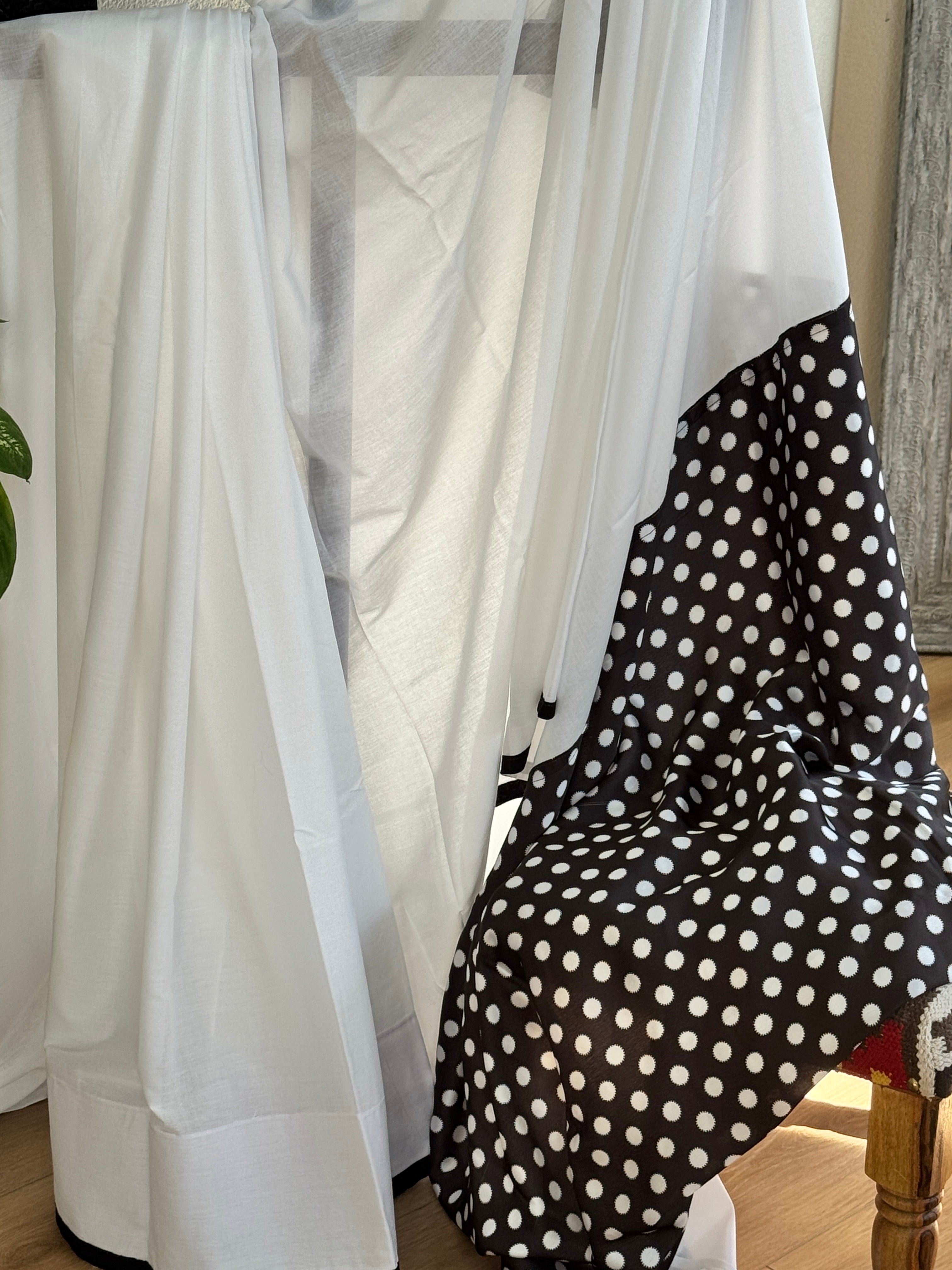 White cotton saree with black polka pallu