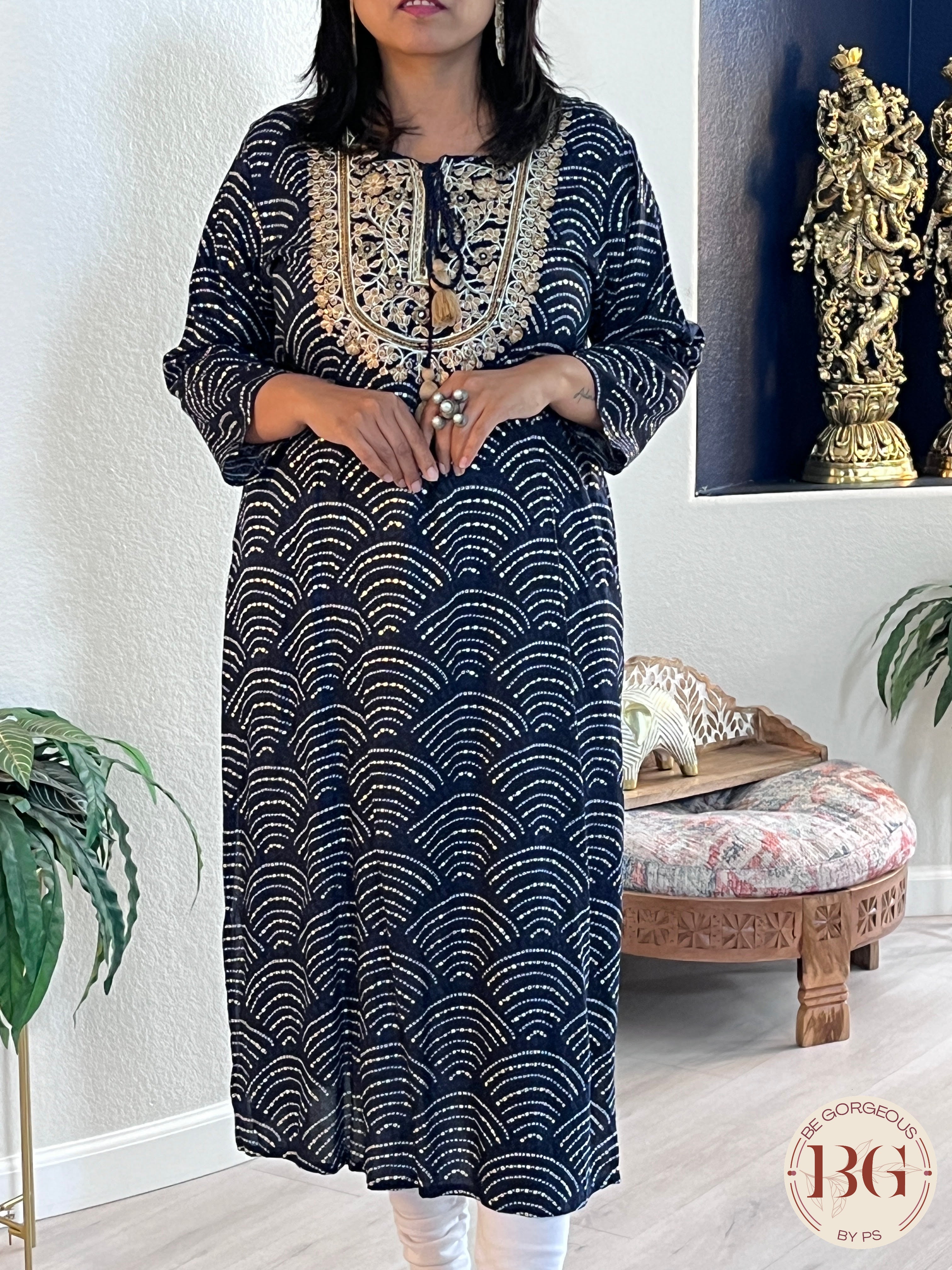 Rayon kurti in bandhani print with embroidery on neck