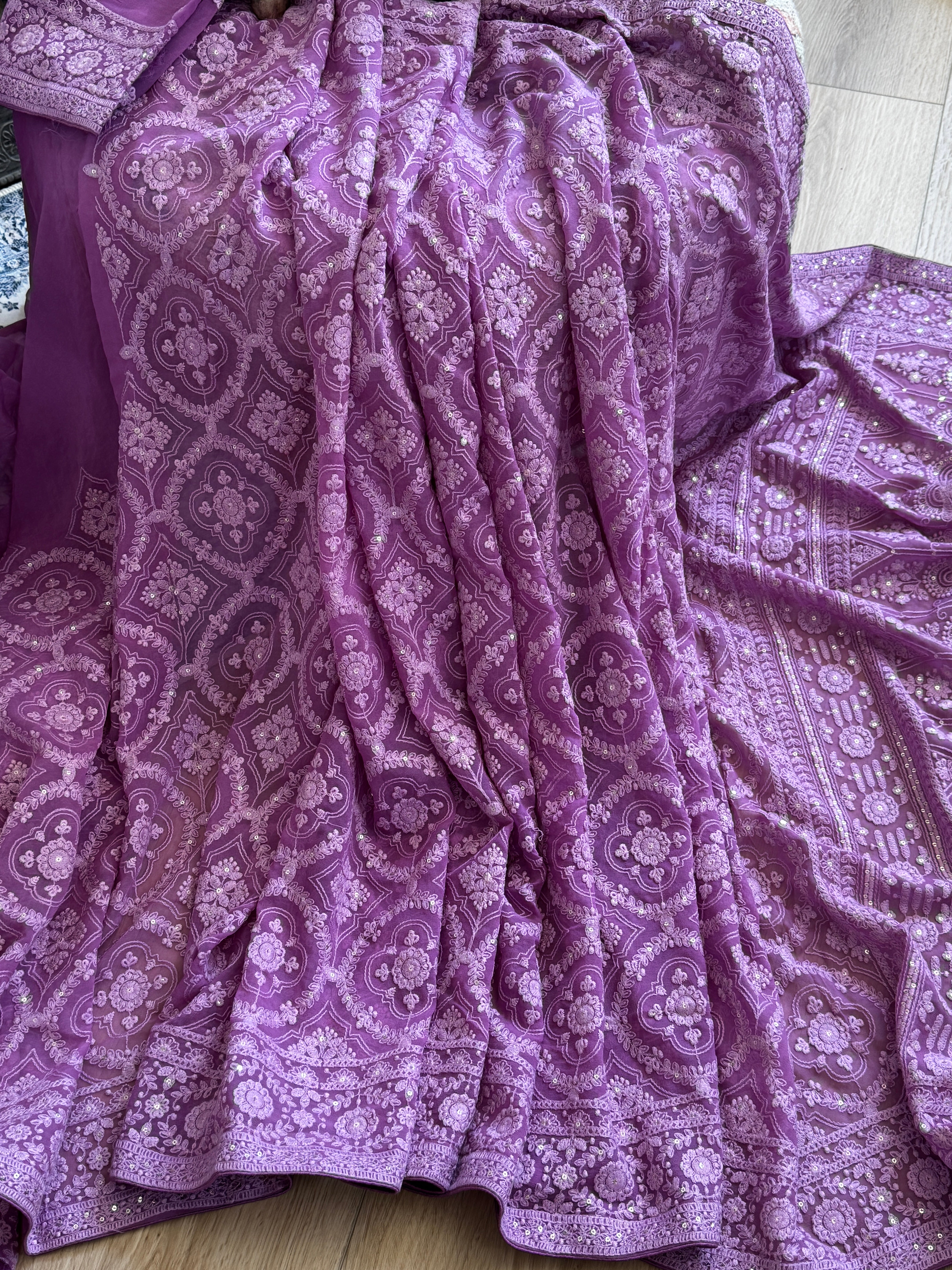 Chikankari embroidery with sequins on georgette - purple
