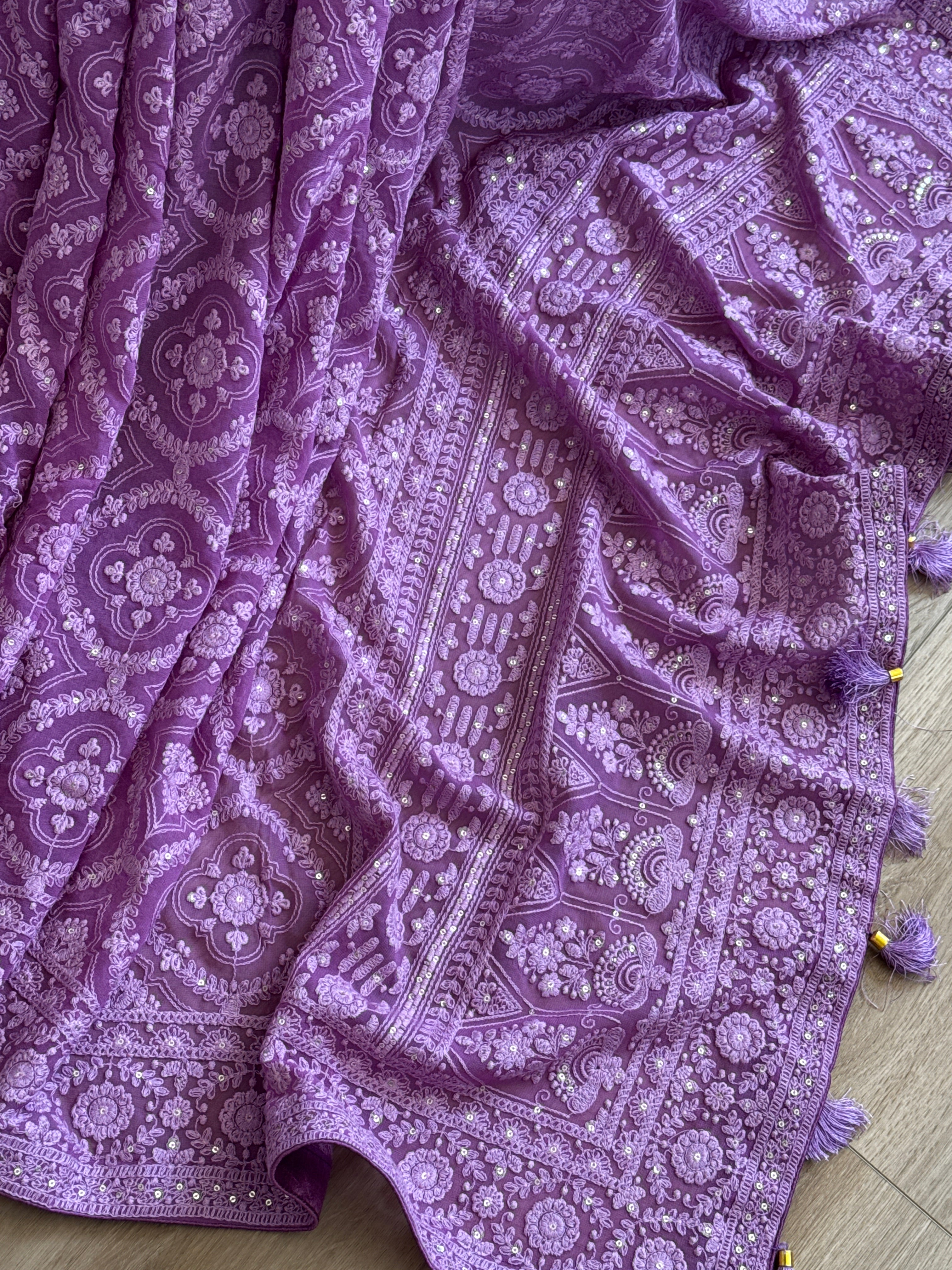 Chikankari embroidery with sequins on georgette - purple