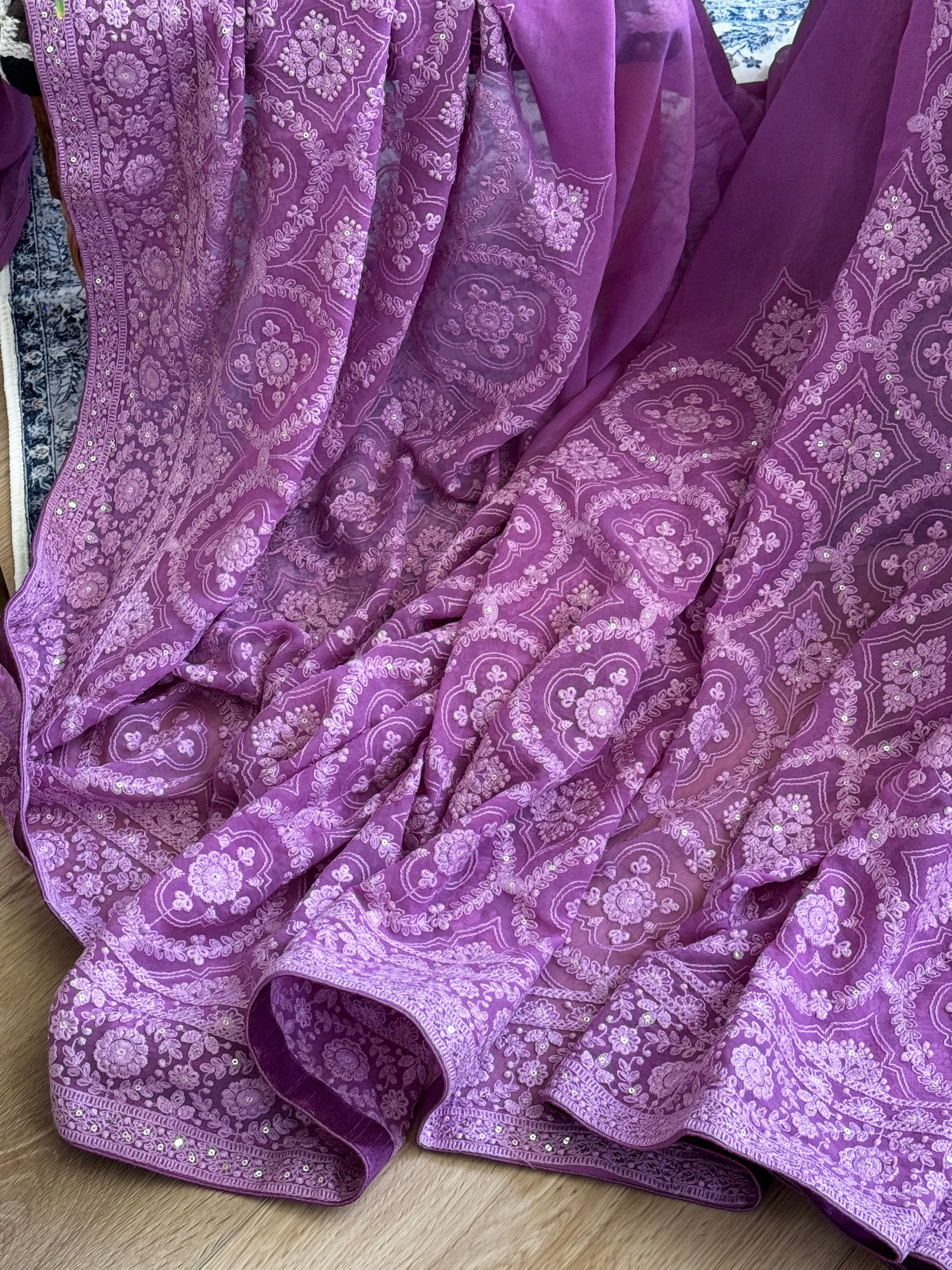 Chikankari embroidery with sequins on georgette - purple