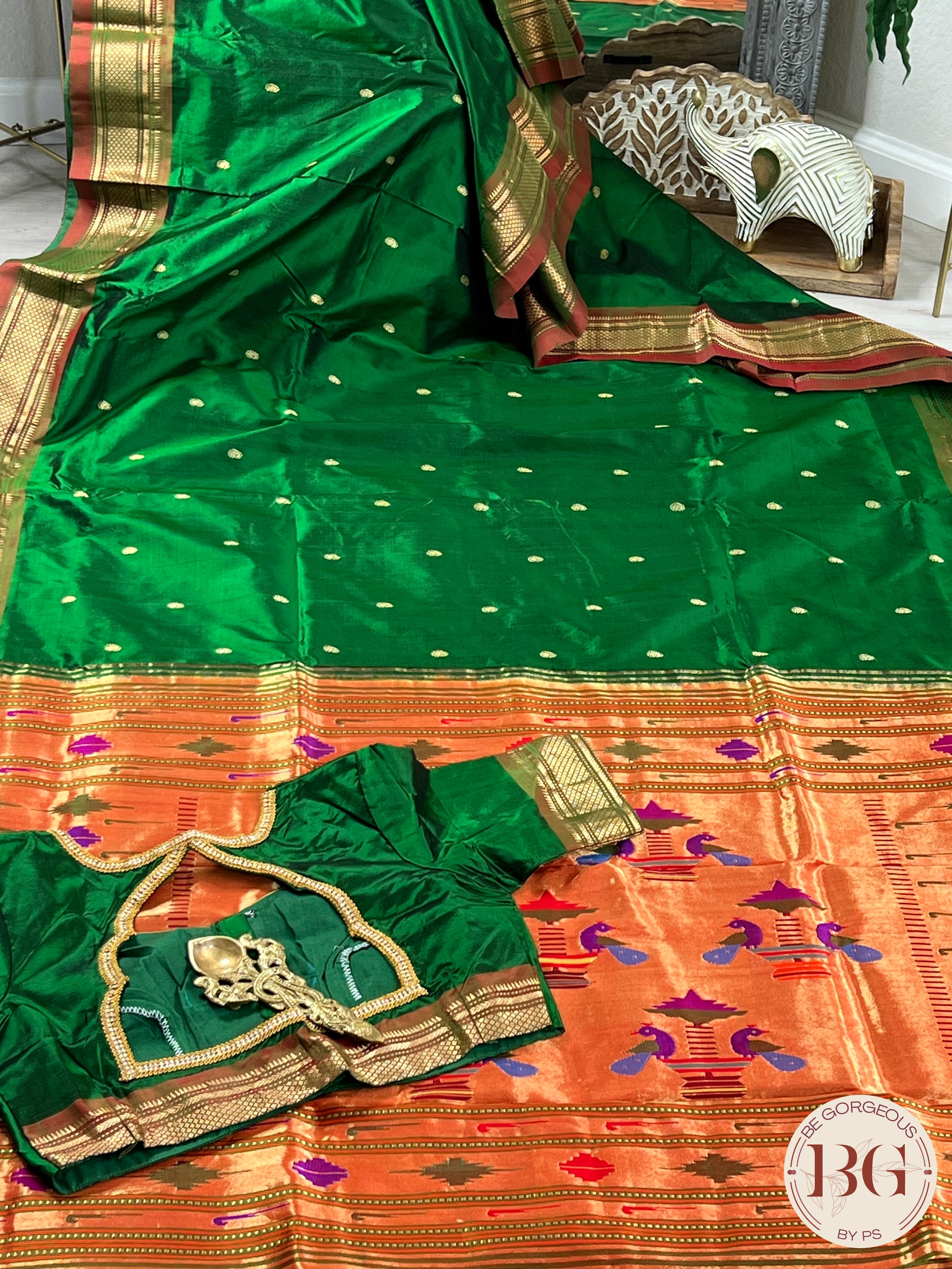Handloom paithani pure silk saree color - green