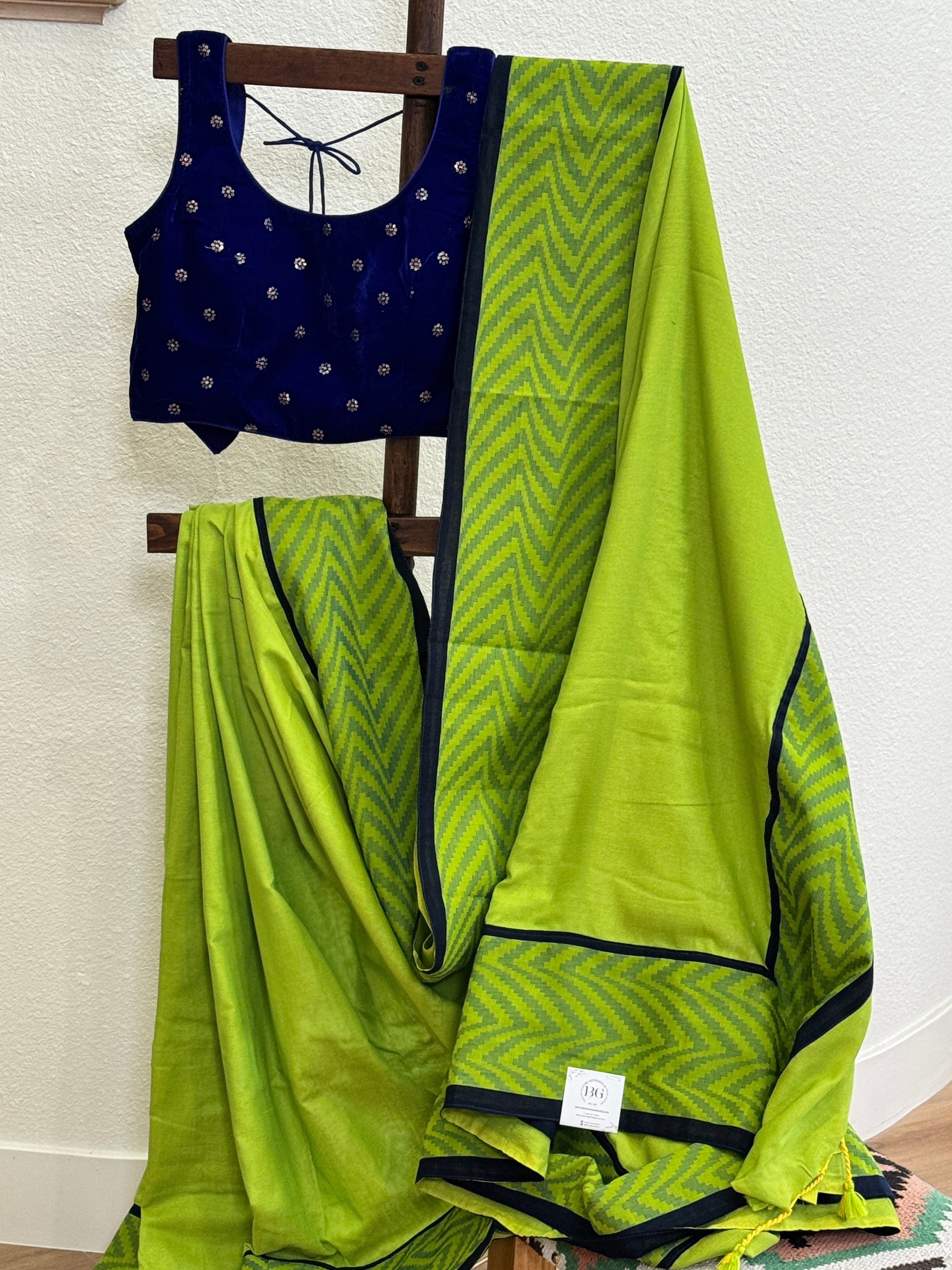 Green cotton with blue border & piping