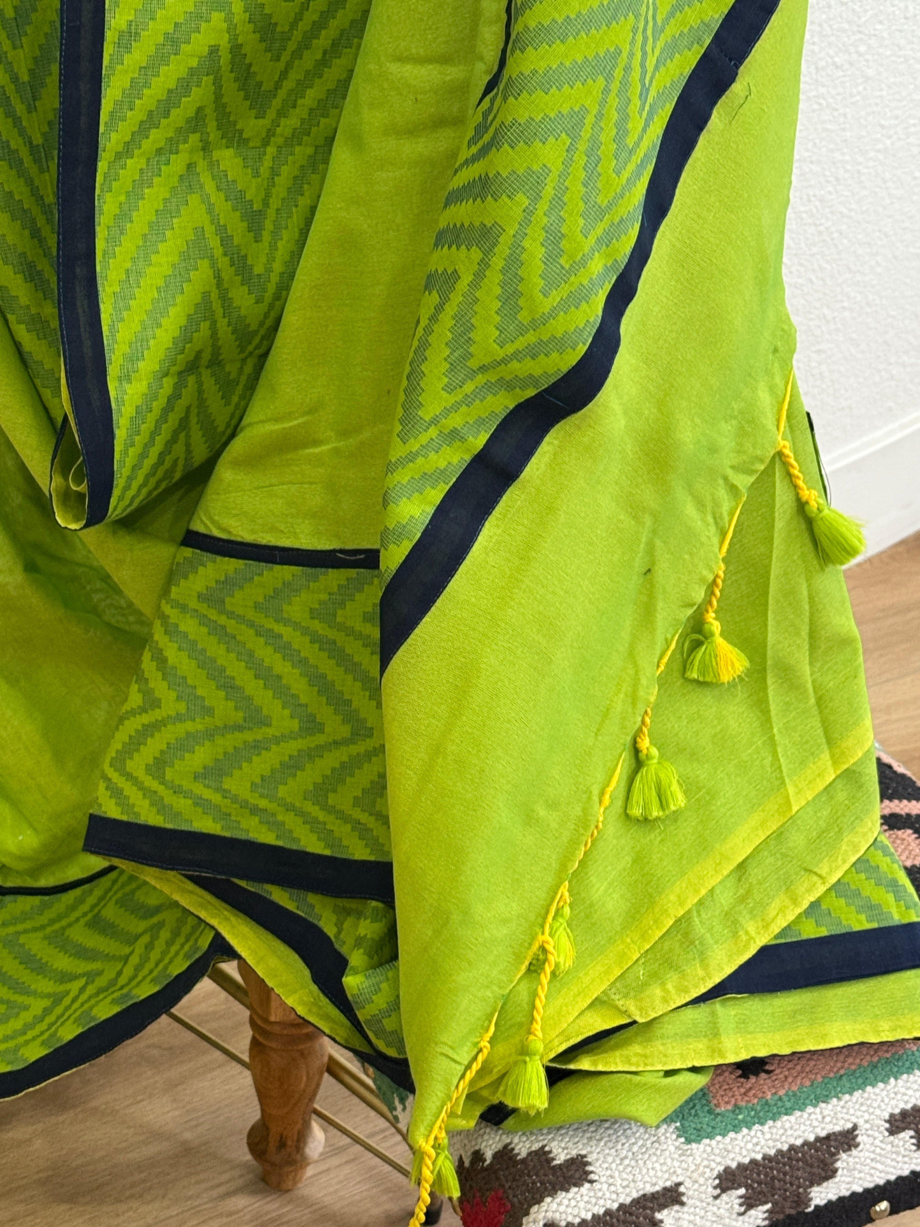 Green cotton with blue border & piping