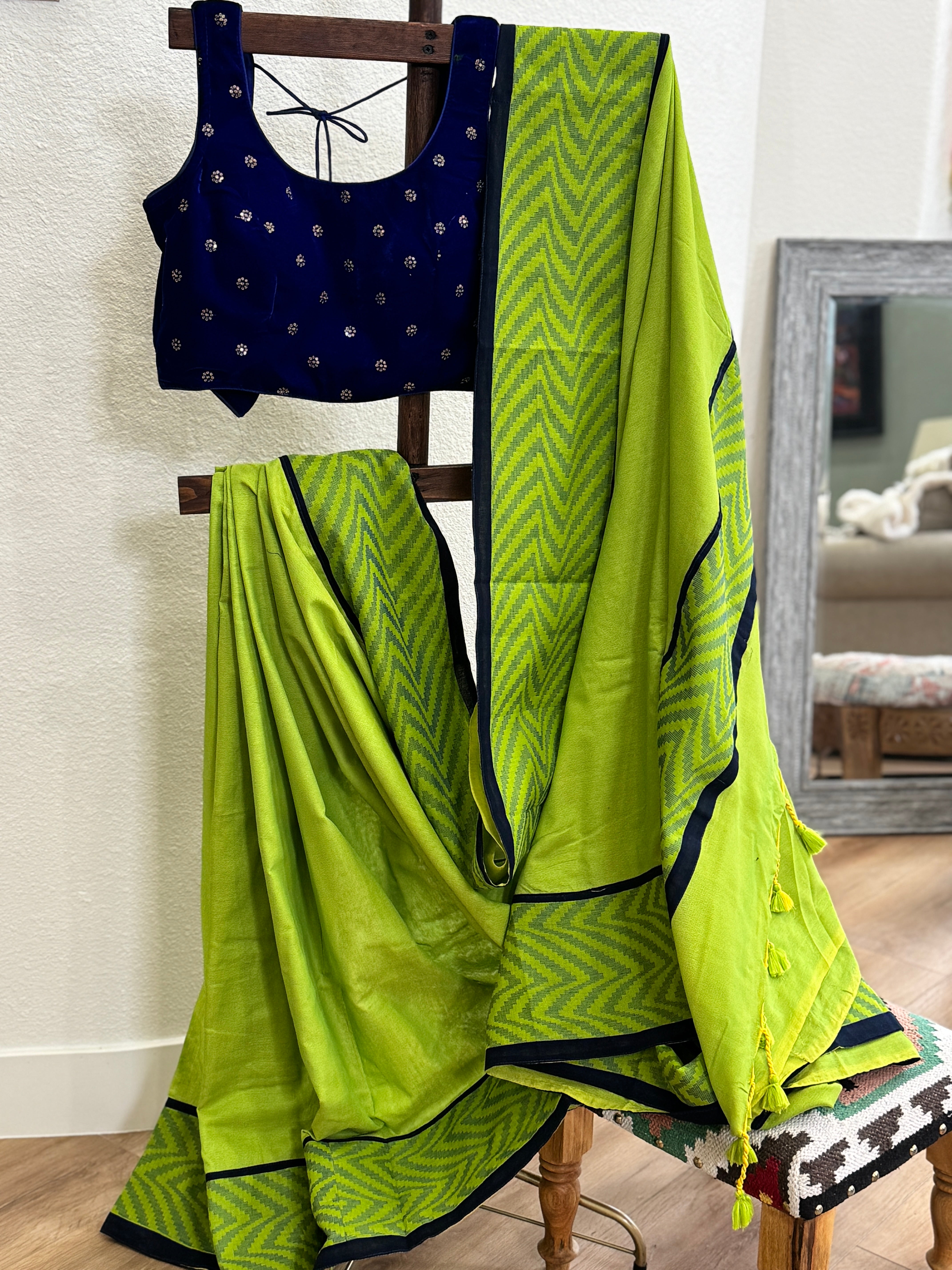 Green cotton with blue border & piping